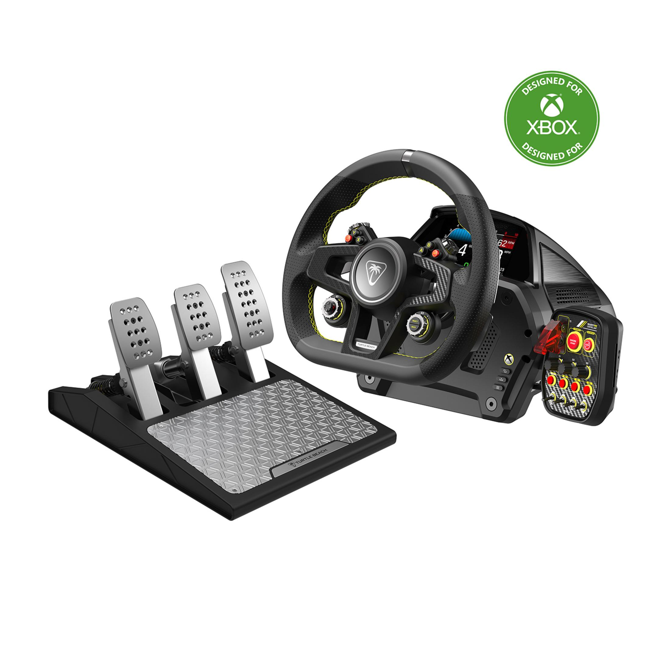 Kierownica wyścigowa z pedałami i logo Xbox na białym tle.