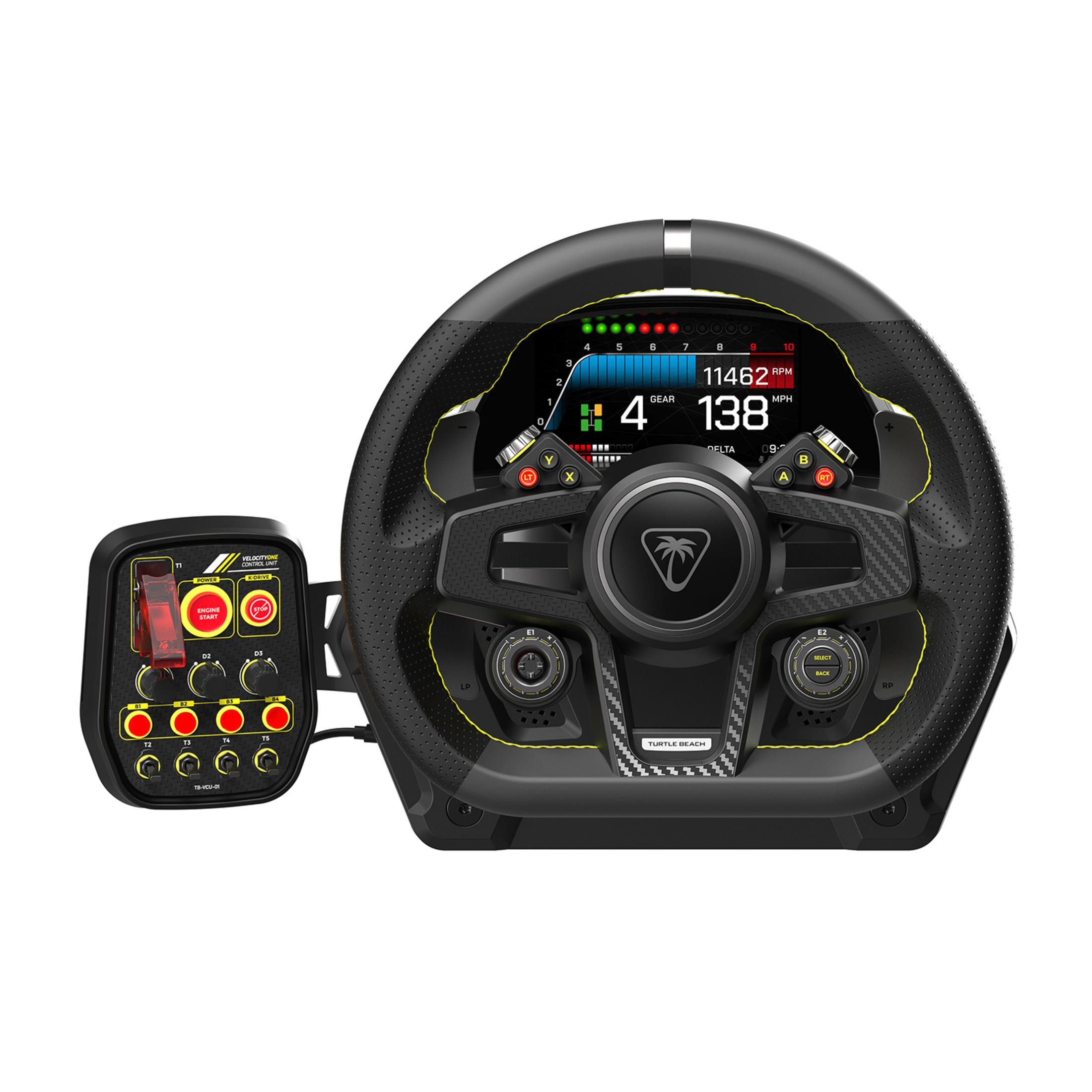 Czarna kierownica wyścigowa z żółtymi akcentami i osobnym panelem.