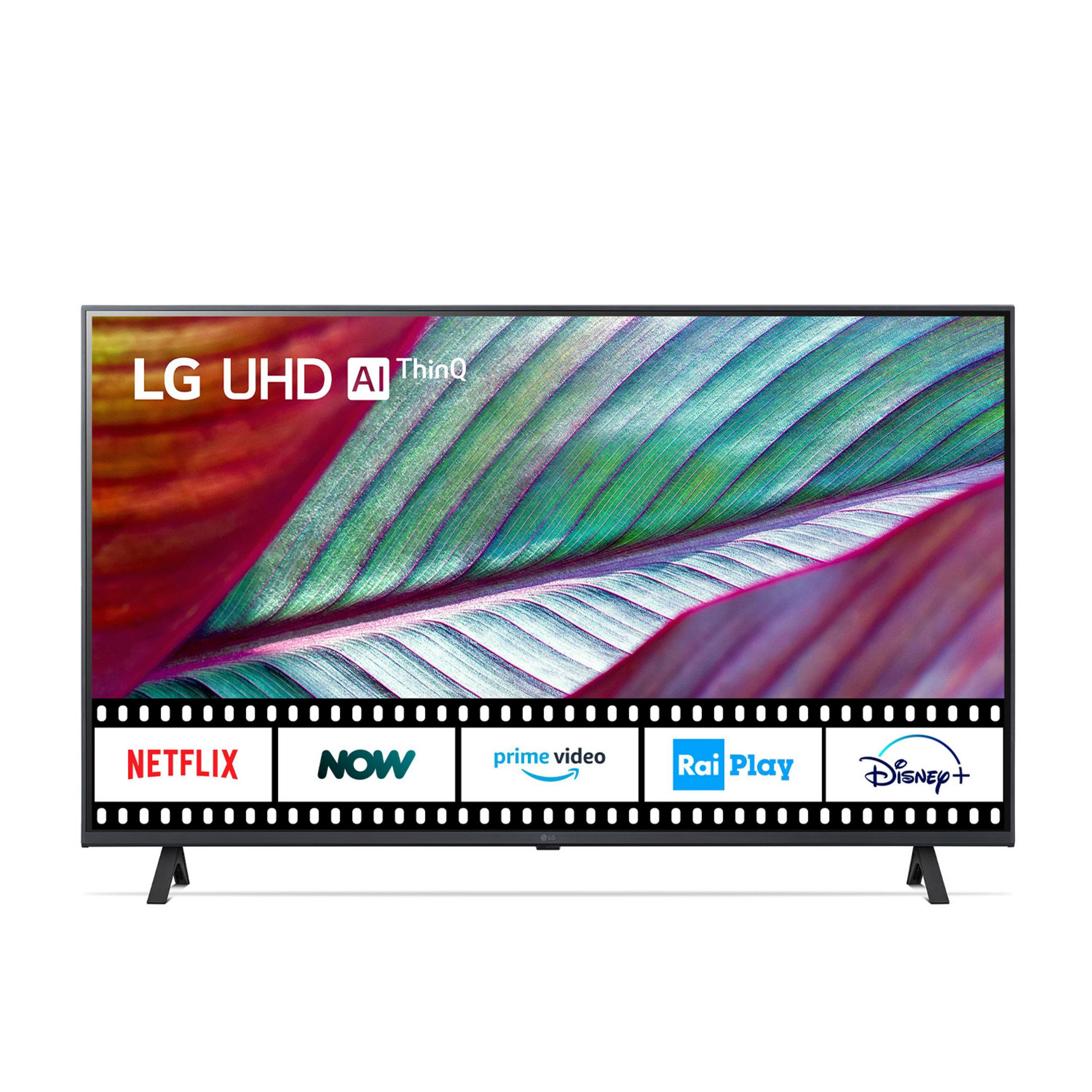 Telewizor LG UHD AI ThinQ z logo serwisów streamingowych: Netflix, NOW, Prime Video, Rai Play, Disney+.