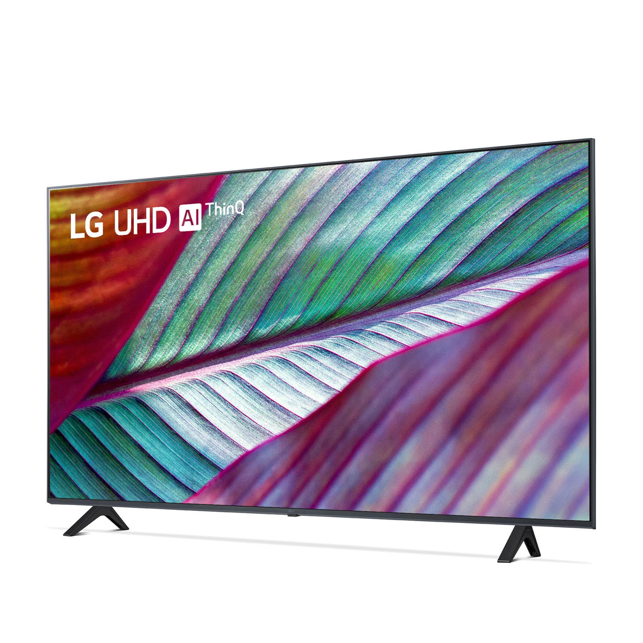 Telewizor LG UHD AI ThinQ wyświetlający wzór liści w kolorach zielonym i fioletowym.
