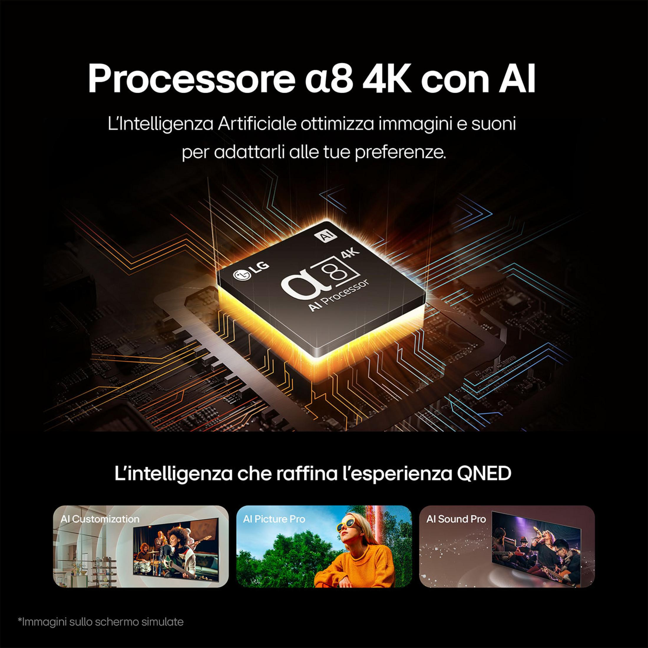 Processore LG a8 4K AI su un circuito, con elementi dell'interfaccia.