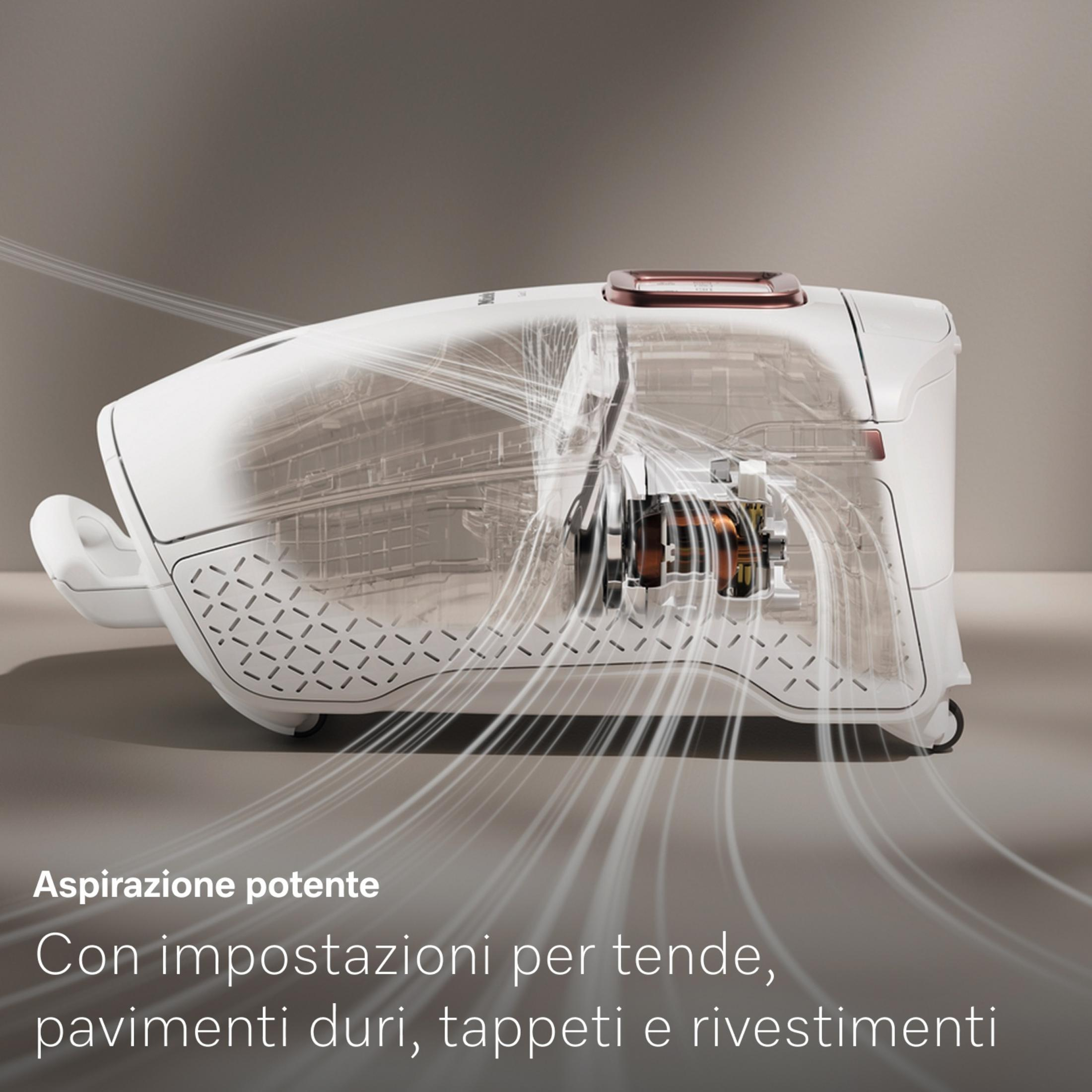Un aspirapolvere trasparente che mostra motore e flusso d'aria.