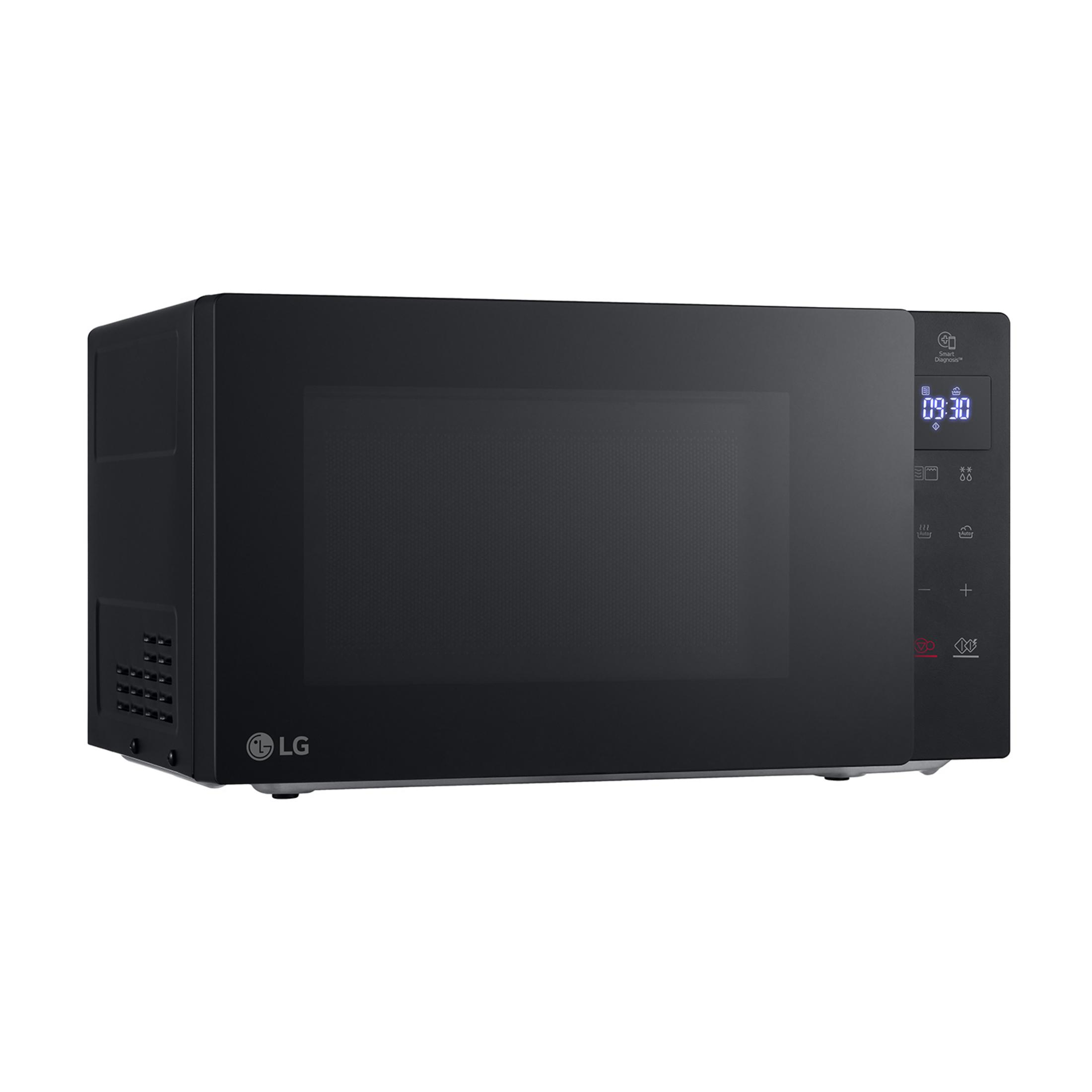 Czarna kuchenka mikrofalowa LG z cyfrowym wyświetlaczem i przyciskami.