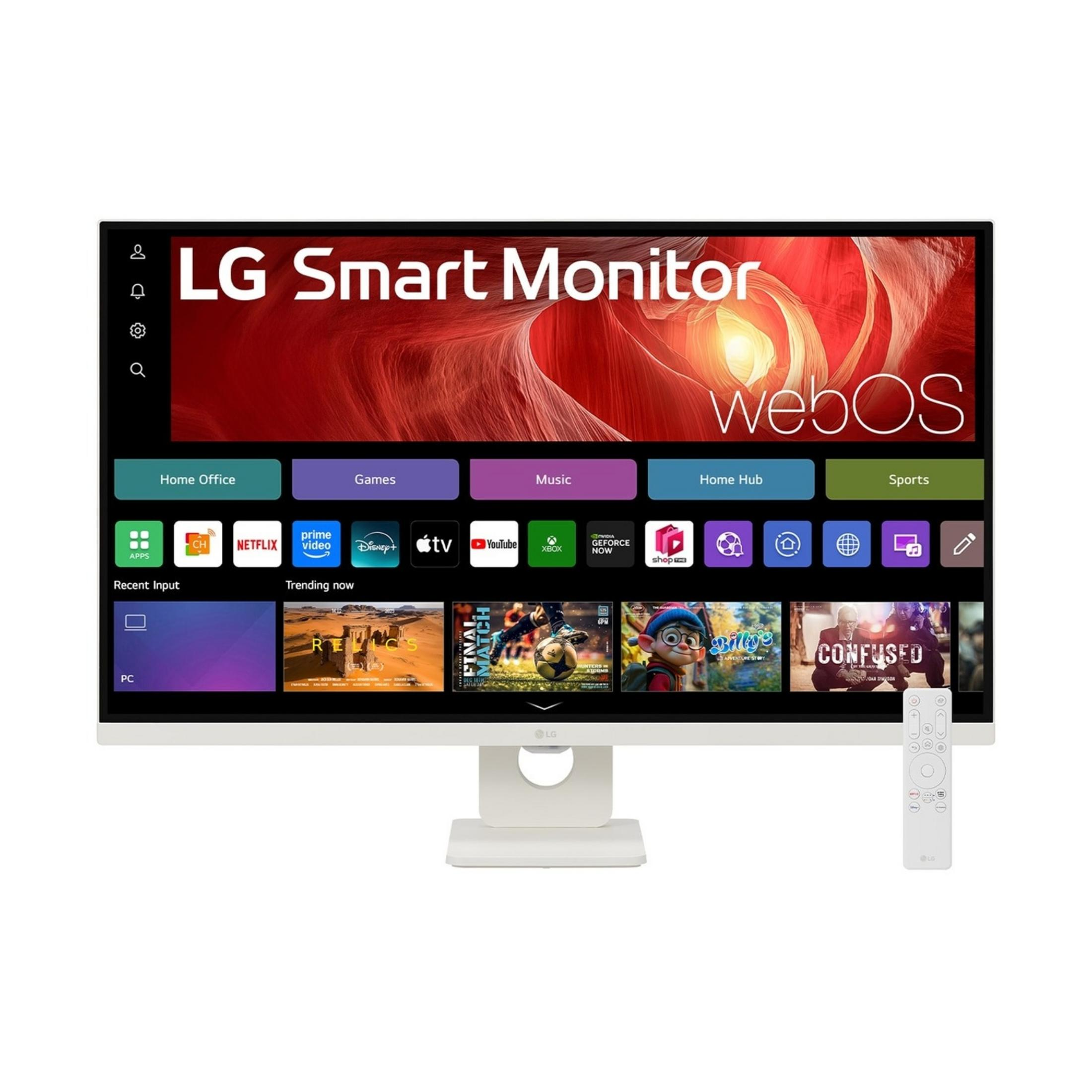 Ein weißer LG Smart Monitor mit webOS und Fernbedienung wird angezeigt.