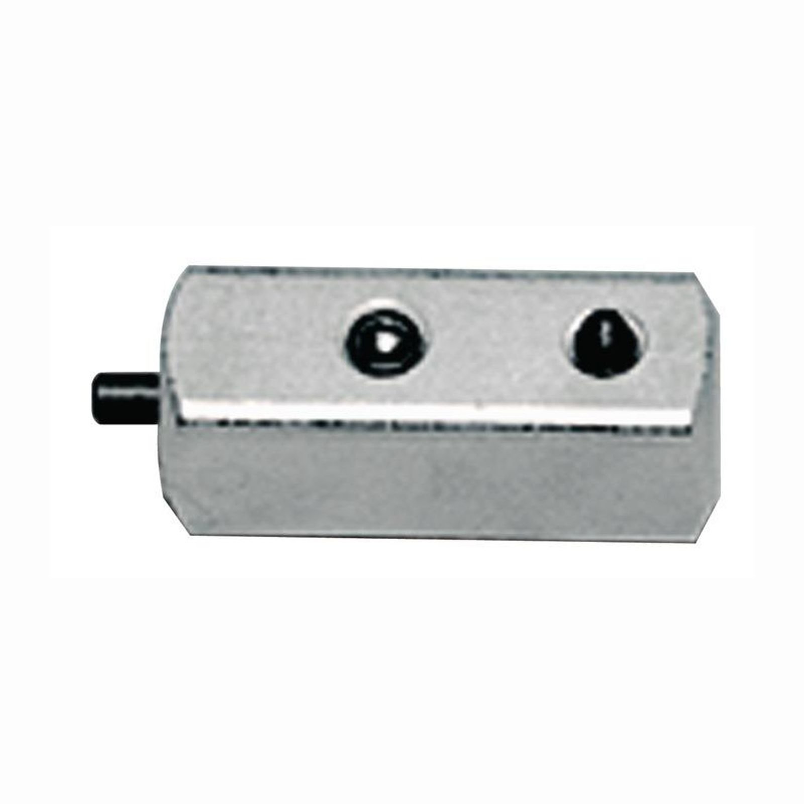 Ein silberner Adapter mit zwei schwarzen Schrauben und einem schwarzen Stift.
