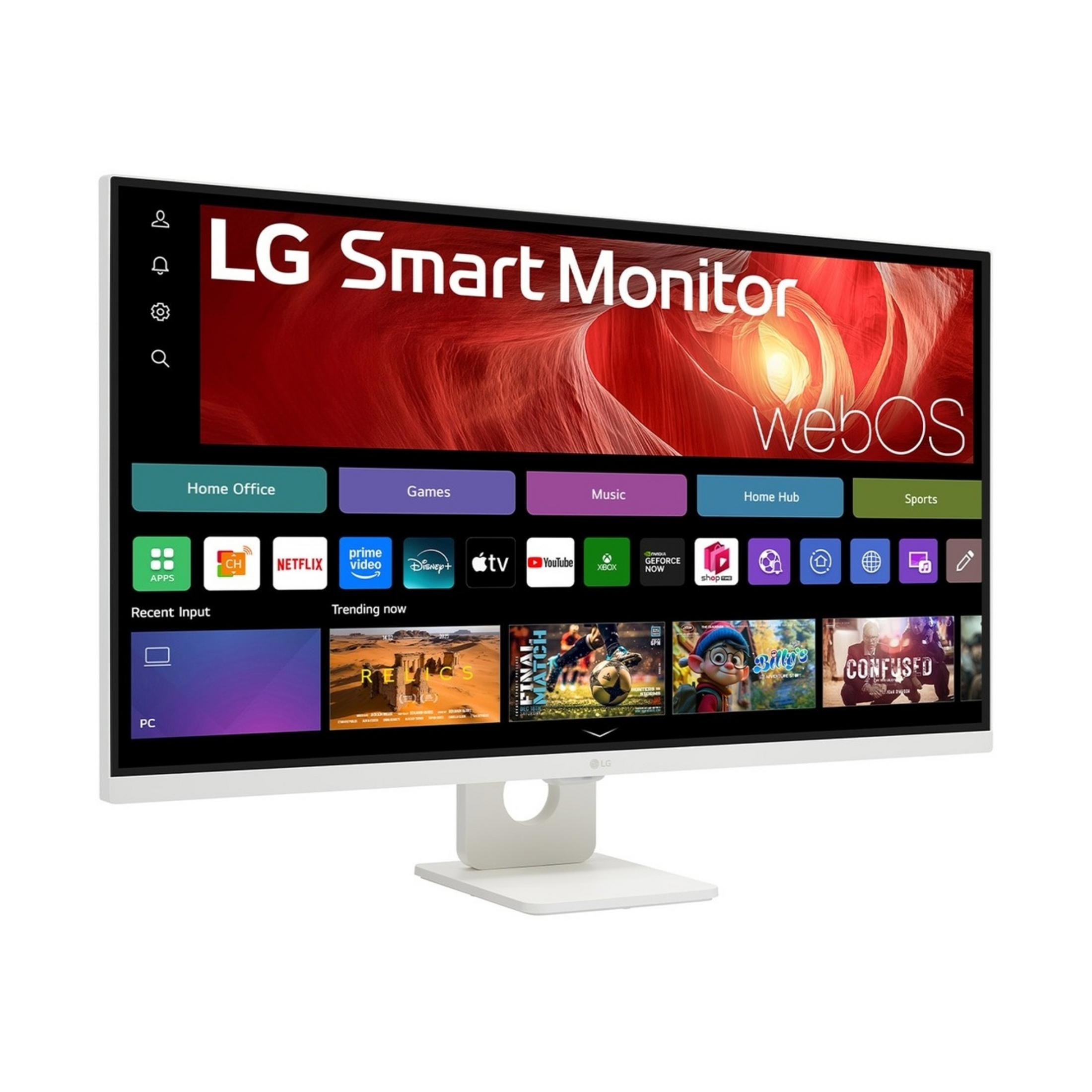 Ein weißer LG Smart Monitor mit dem WebOS-Betriebssystem und verschiedenen App-Symbolen.
