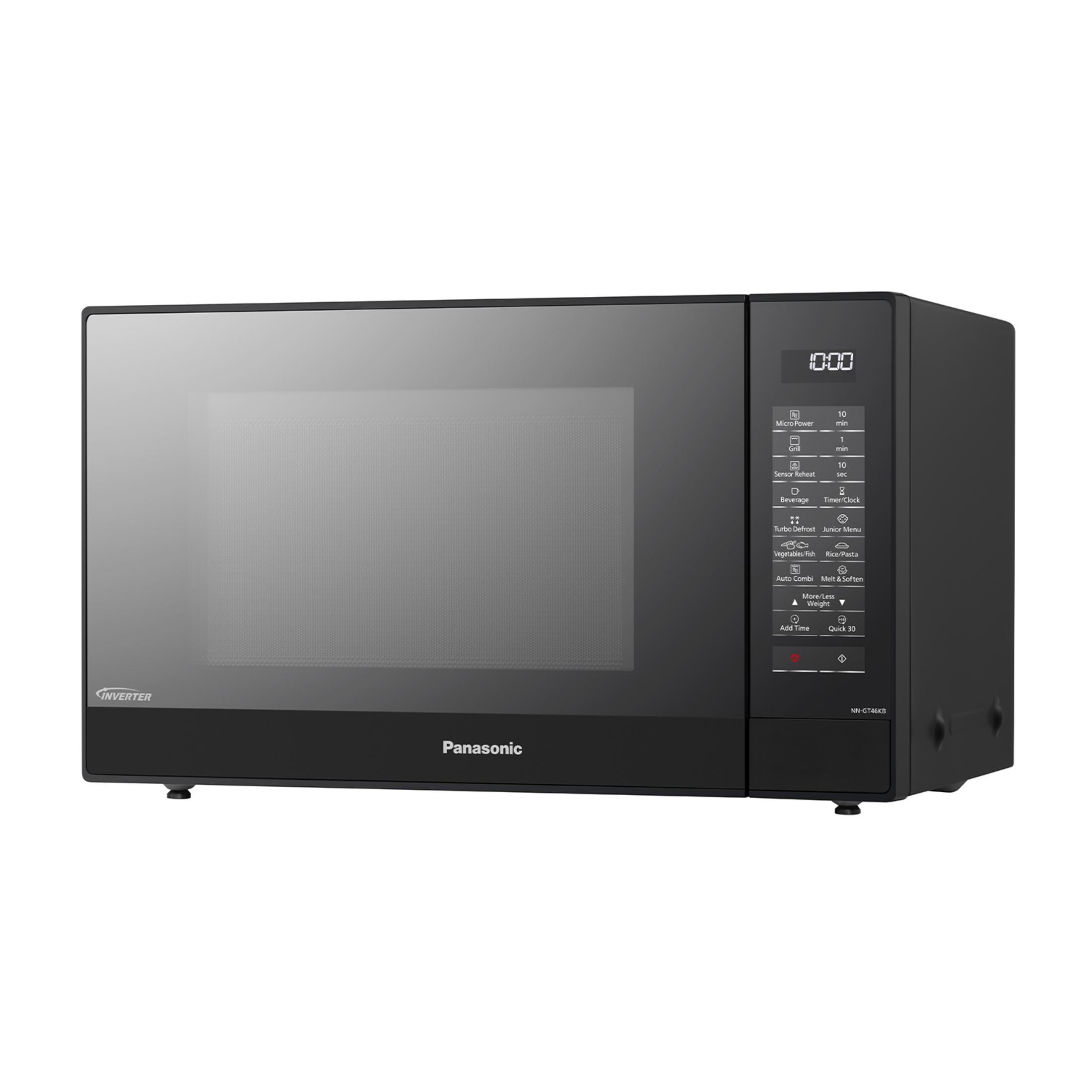 Czarna kuchenka mikrofalowa Panasonic z cyfrowym wyświetlaczem i panelem sterowania.