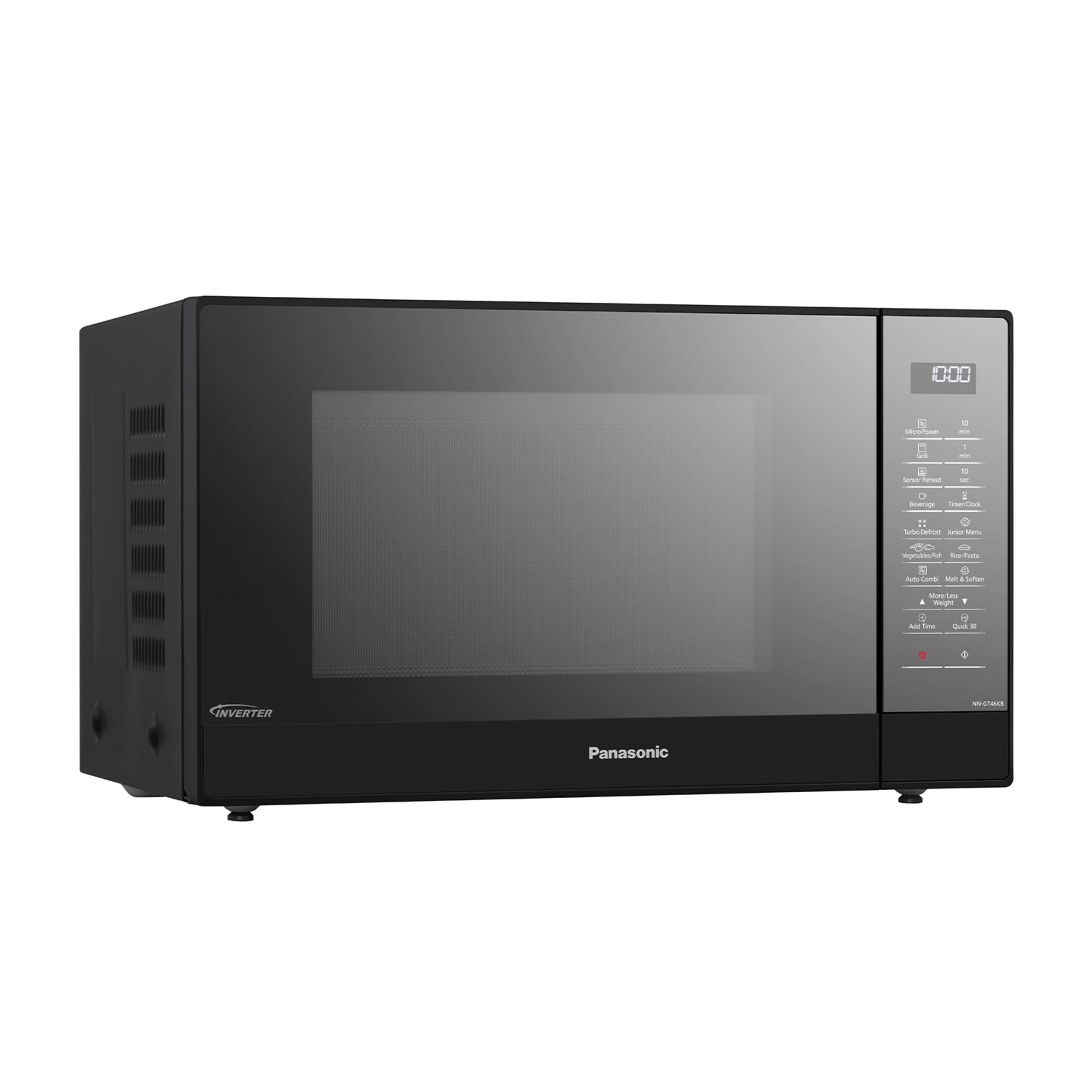 Czarna kuchenka mikrofalowa Panasonic z panelem sterowania i cyfrowym wyświetlaczem na białym tle.