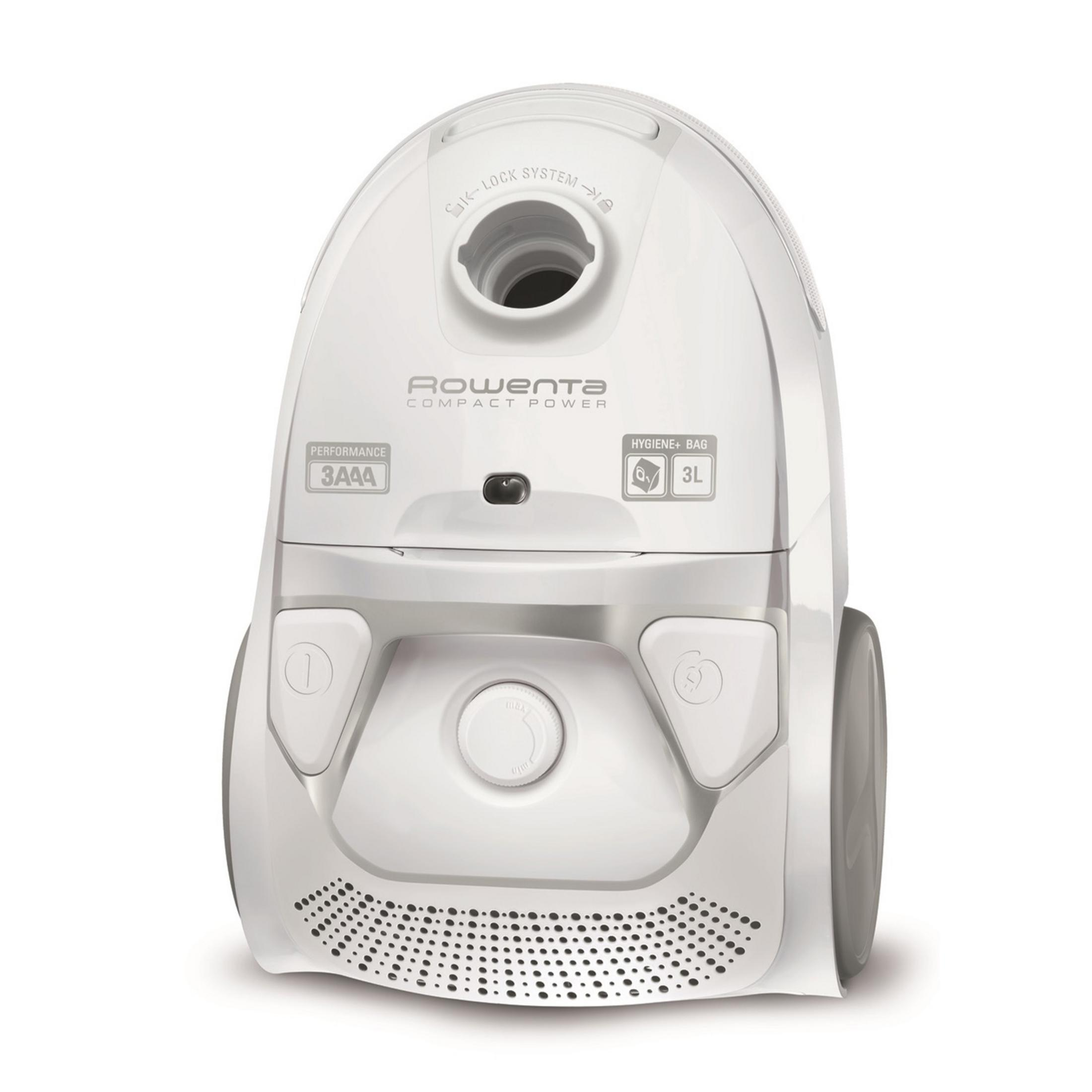 Biały kompaktowy odkurzacz Rowenta z uchwytem i kółkami.