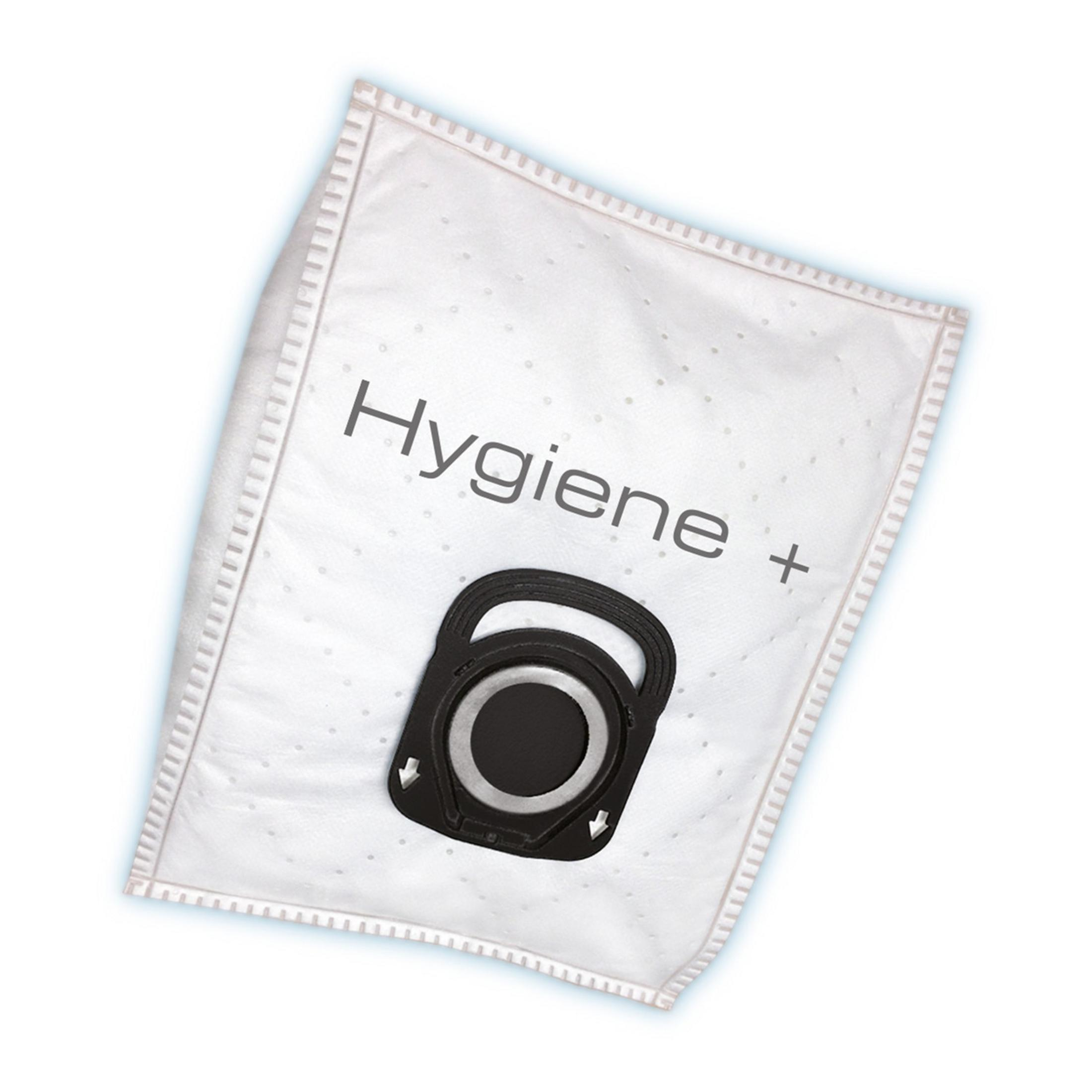 Biały worek do odkurzacza z napisem "Hygiene +" i czarnym złączem.