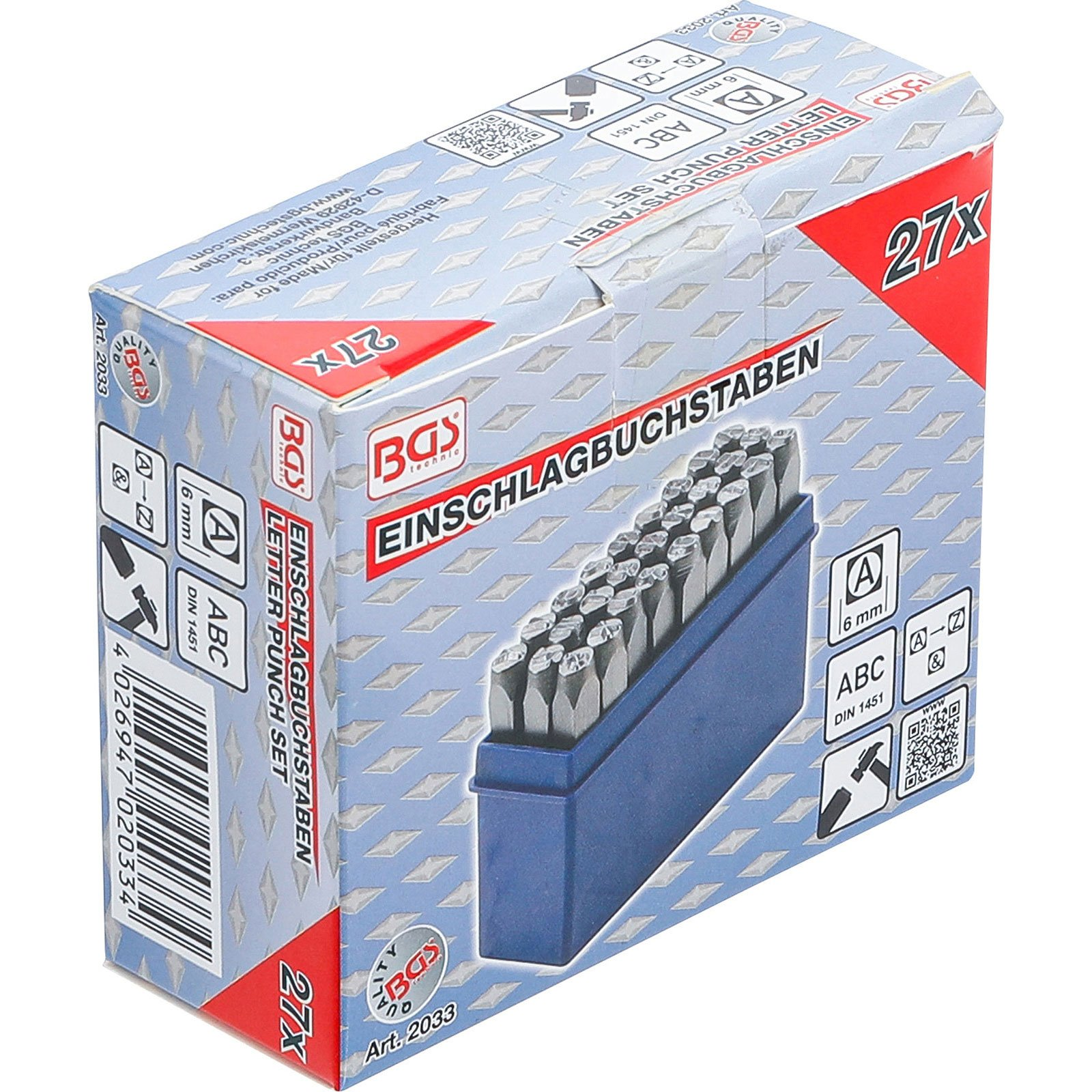 Verpackung eines 27-teiligen Buchstabenschlag-Sets mit Metallstempeln.