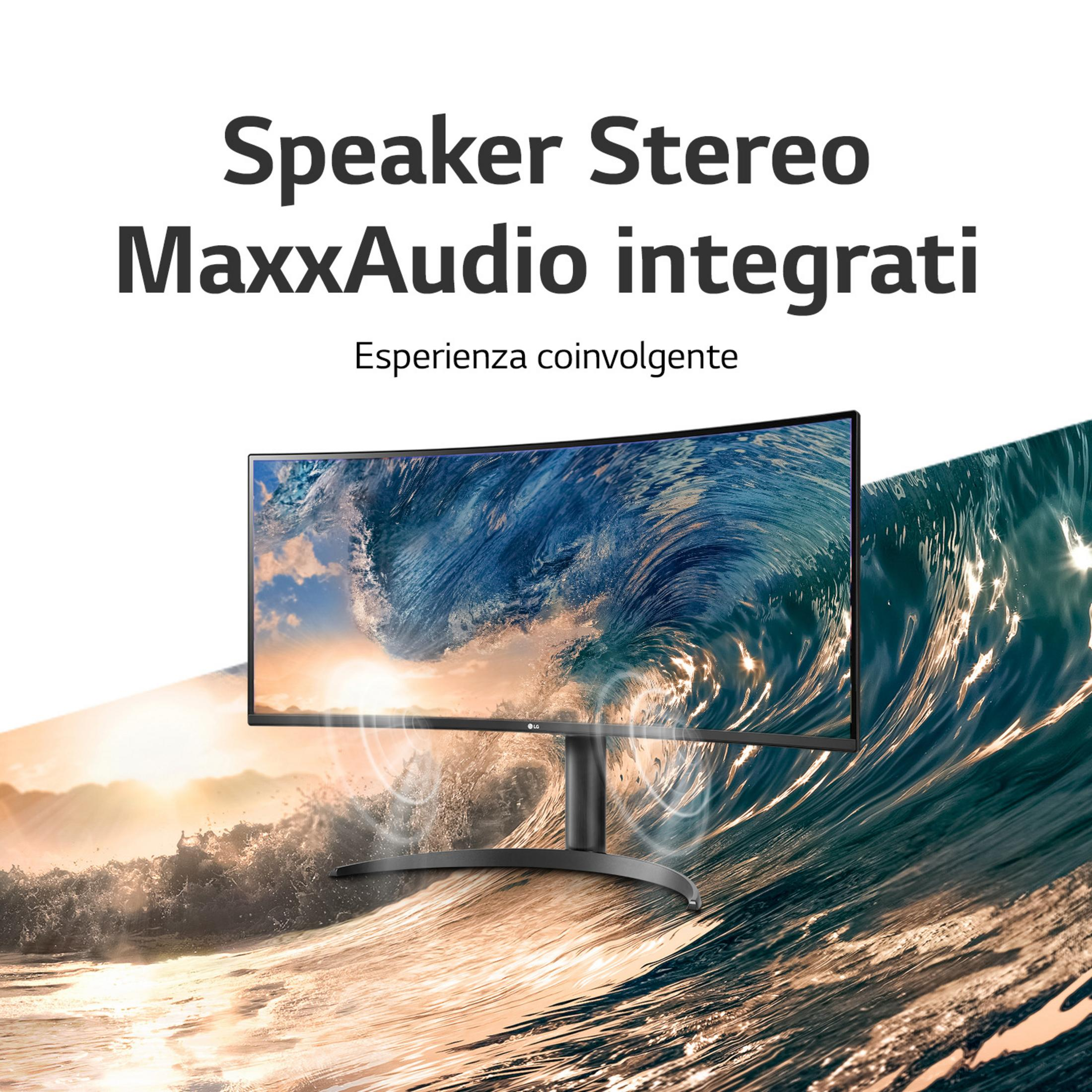 Monitor wyświetla falę, otoczony obrazami fal. Tekst: Speaker Stereo MaxxAudio.