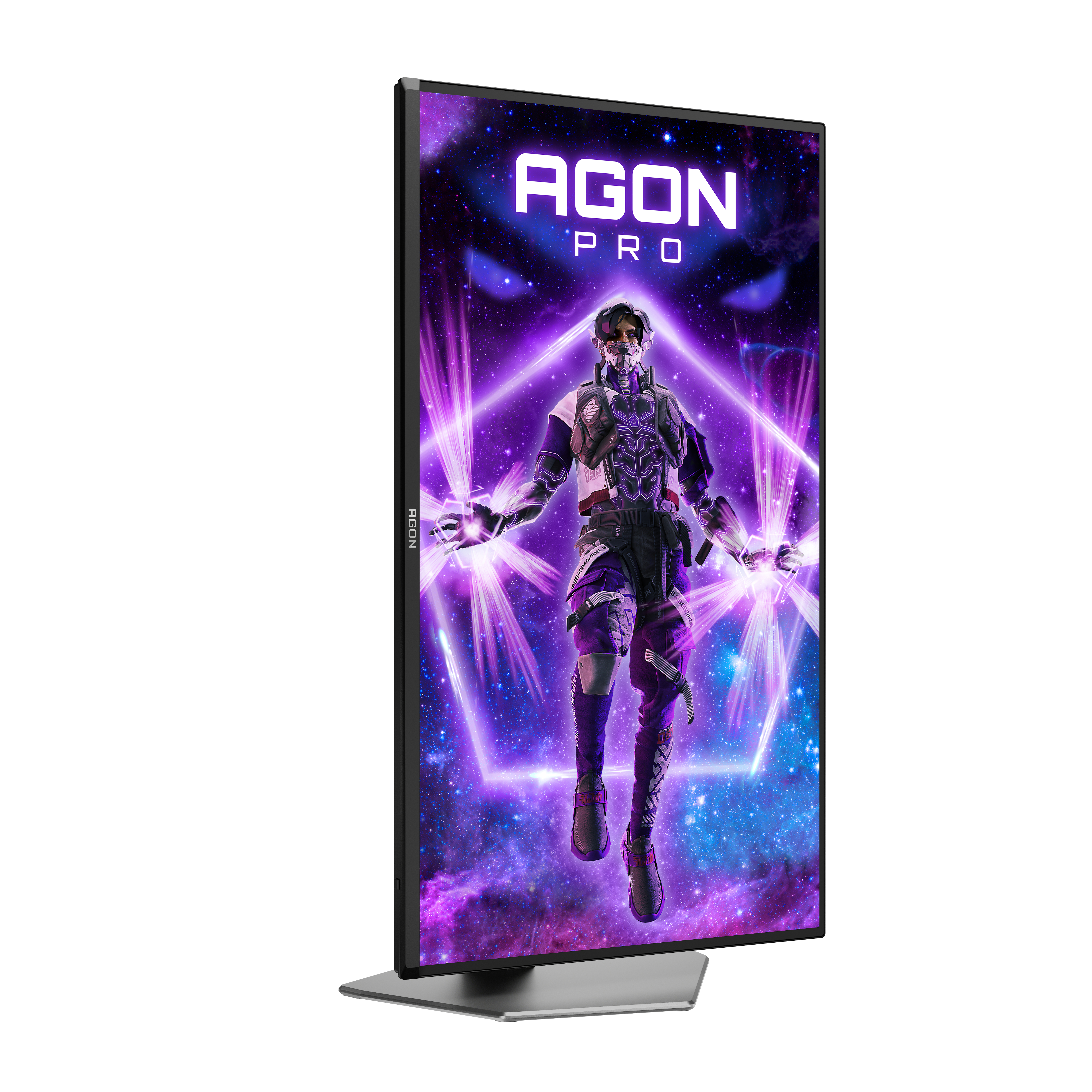Monitor AGON PRO z wojownikiem sci-fi na kosmicznym tle.