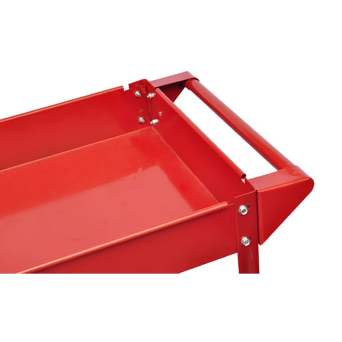 Ein roter Werkzeugwagen mit zwei Fächern und einem Griff, weißer Hintergrund.