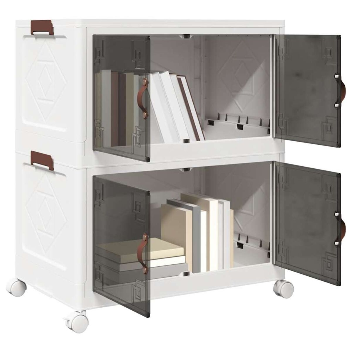 Weißer Rollcontainer mit zwei Fächern, gefüllt mit Büchern.
