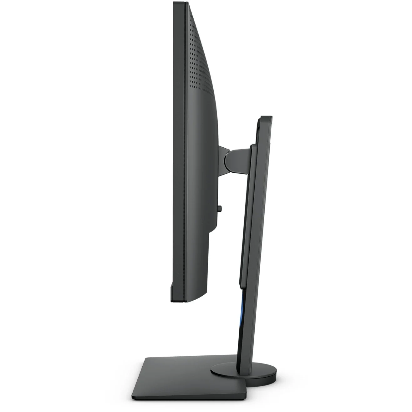 A black computer monitor shown from the side on a stand.