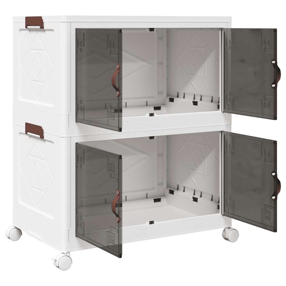 Weißer Rollcontainer mit zwei offenen Türen und braunen Griffen.
