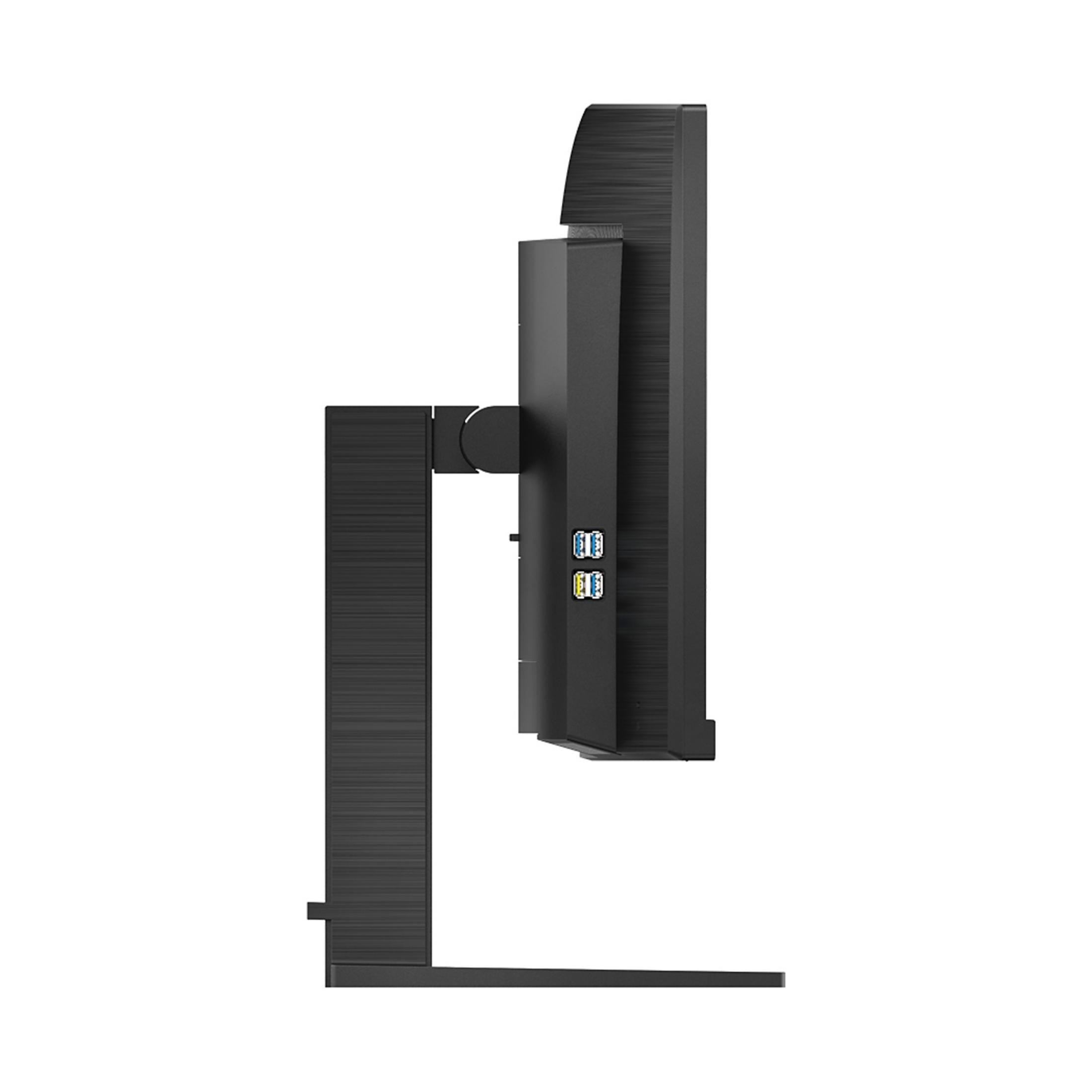 Widok z boku czarnego monitora z portami na stojaku.