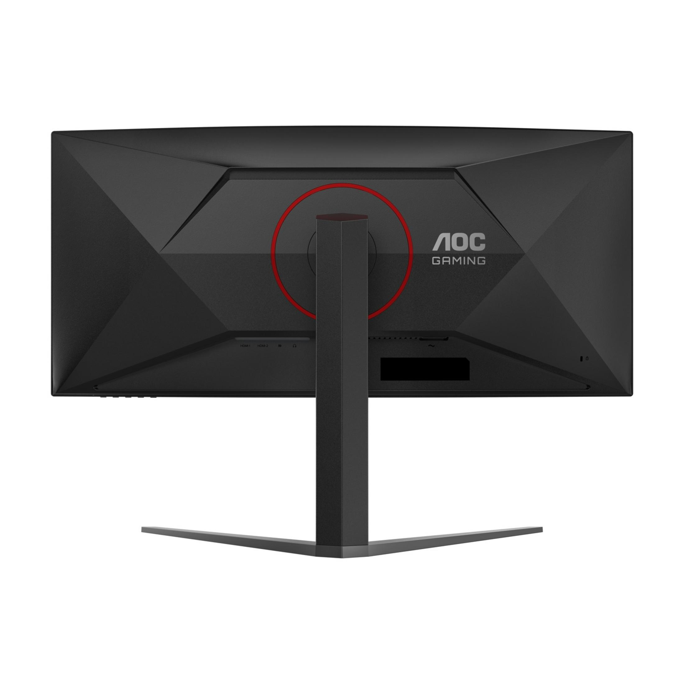Tył czarnego monitora AOC Gaming z czerwonym okręgiem i portami.