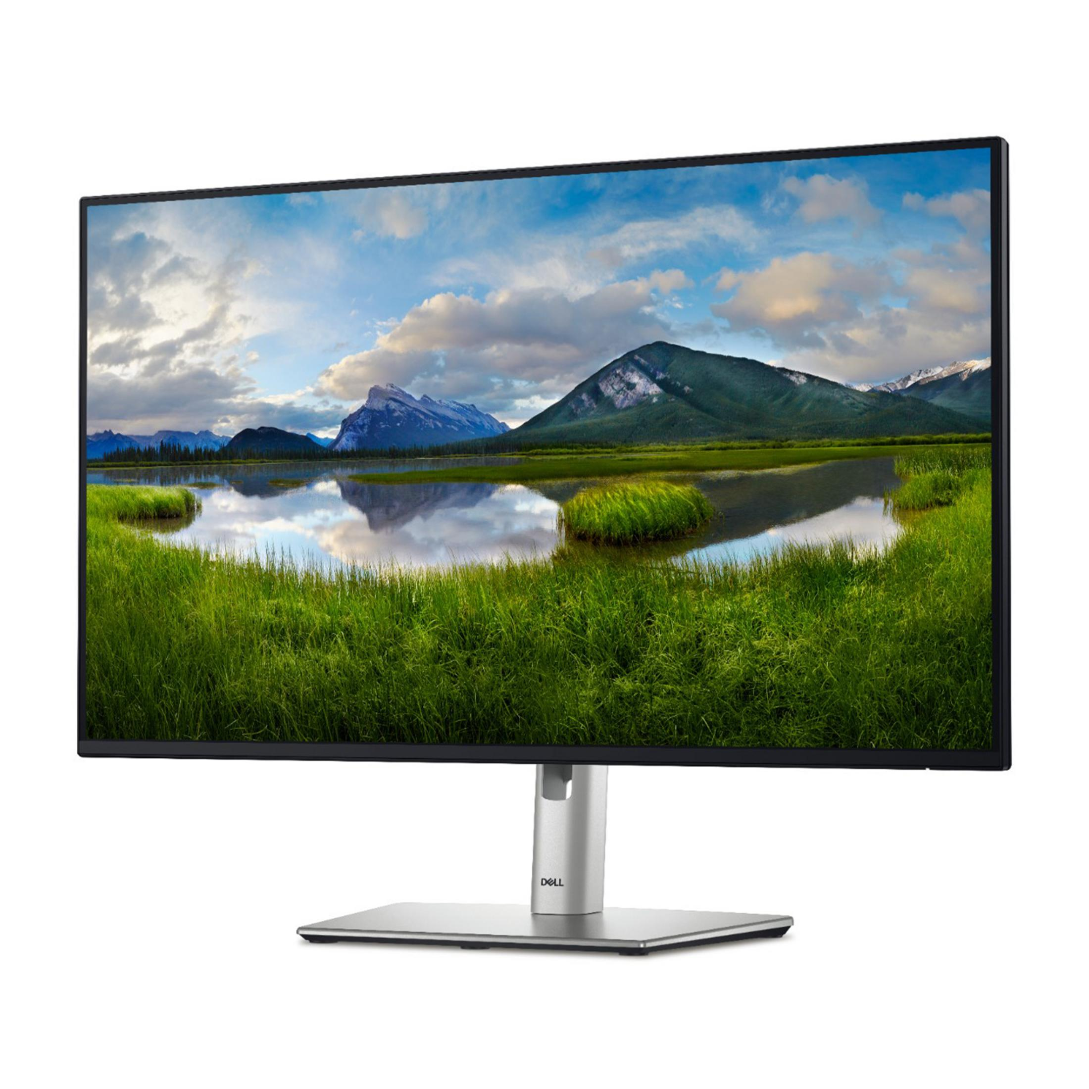 Een Dell monitor toont een berglandschap met meer en weelderig gras.