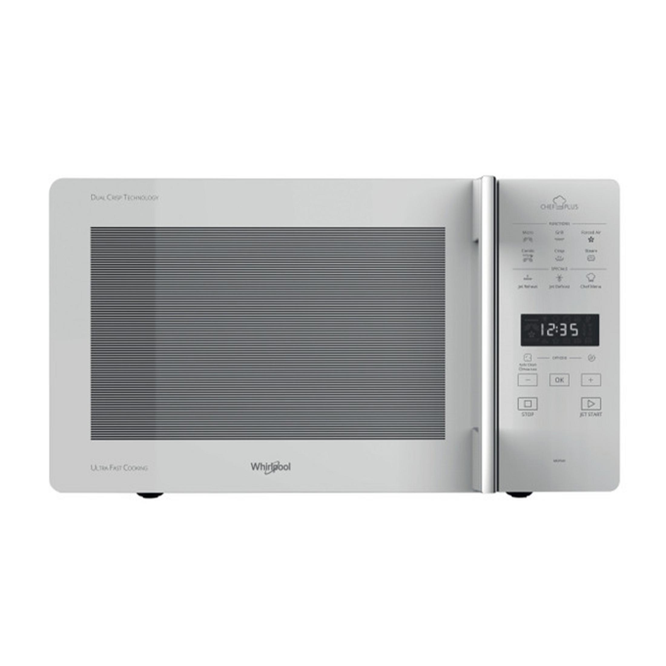 Biała kuchenka mikrofalowa Whirlpool z cyfrowym wyświetlaczem i panelem sterowania.