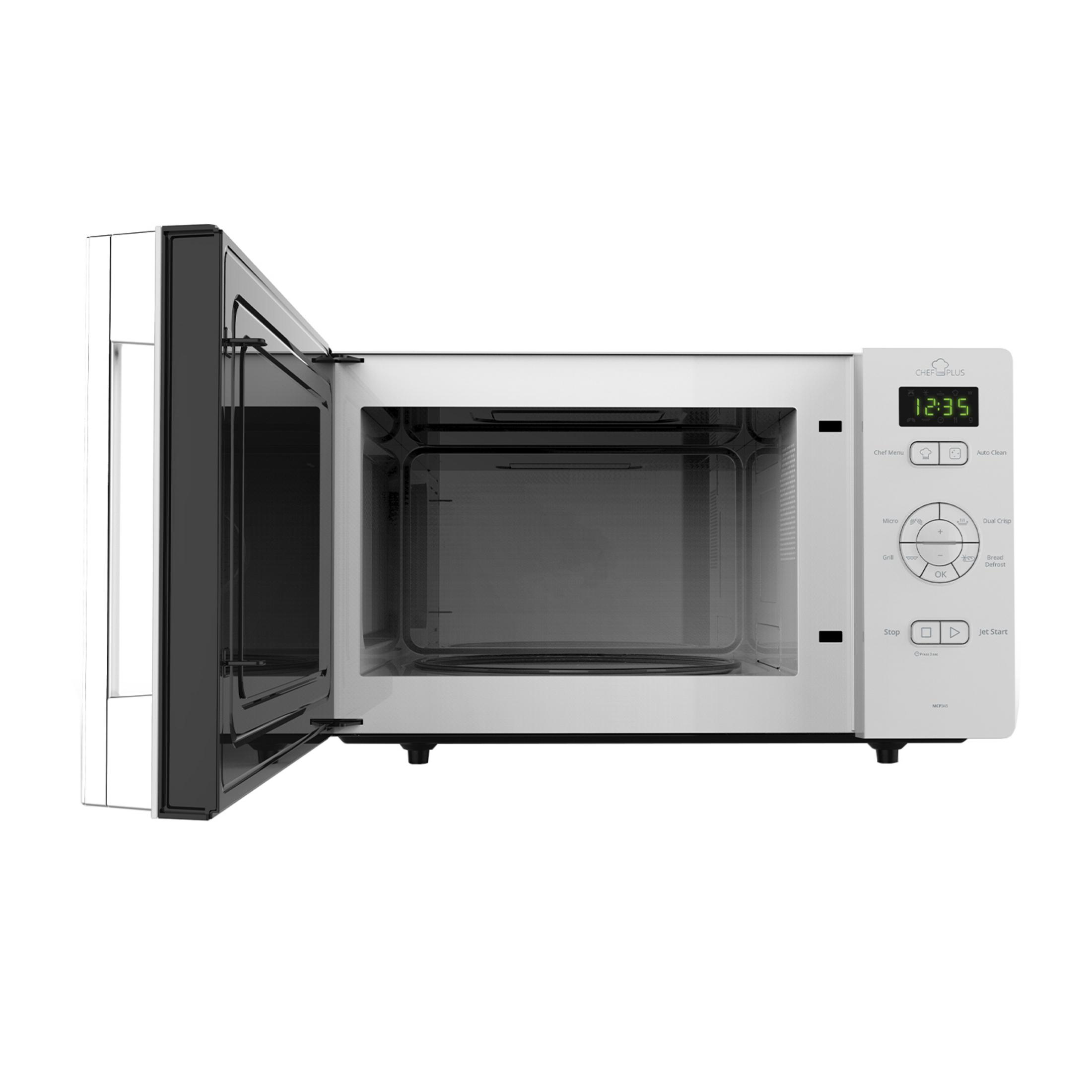 Biała kuchenka mikrofalowa z otwartymi drzwiczkami, wyświetlająca na ekranie 12:35.