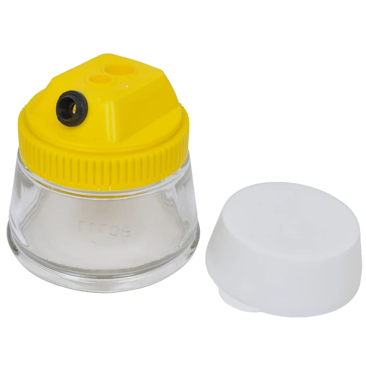 Gelber Bleistiftspitzer mit Glasbehälter und weißem Deckel.