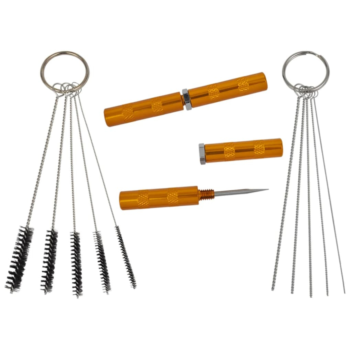 Reinigungsbürsten und Nadelwerkzeuge mit orangefarbenen Griffen auf weißem Hintergrund.
