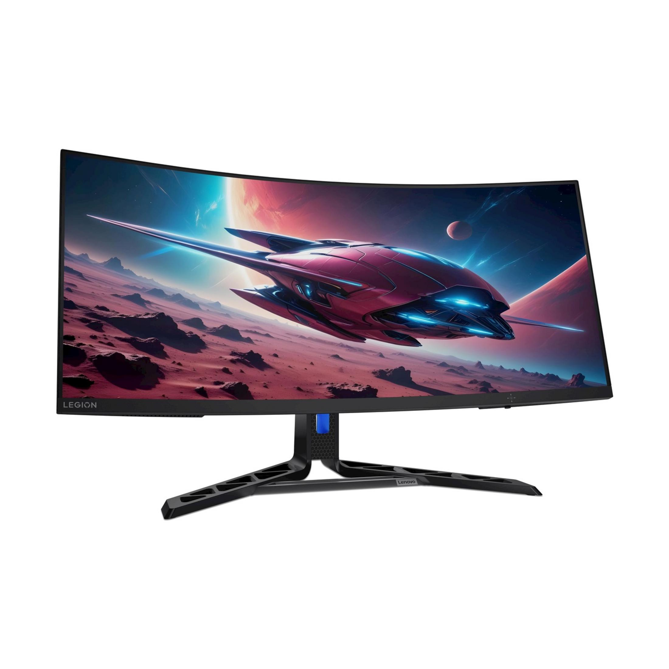 Un monitor da gioco curvo che mostra un'astronave futuristica nello spazio.