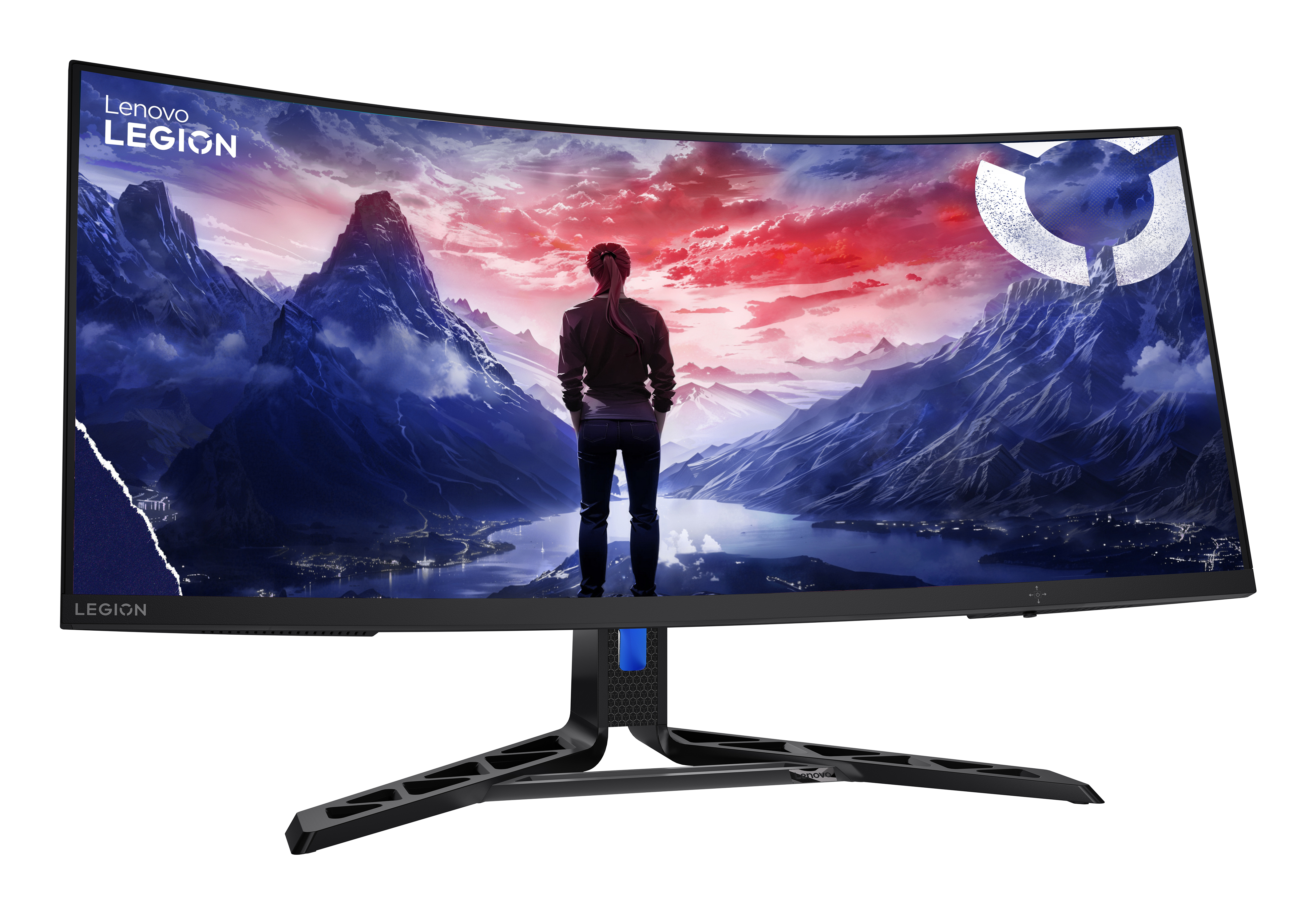 Un monitor curvo Lenovo Legion mostra una scena anime di una persona che guarda le montagne.