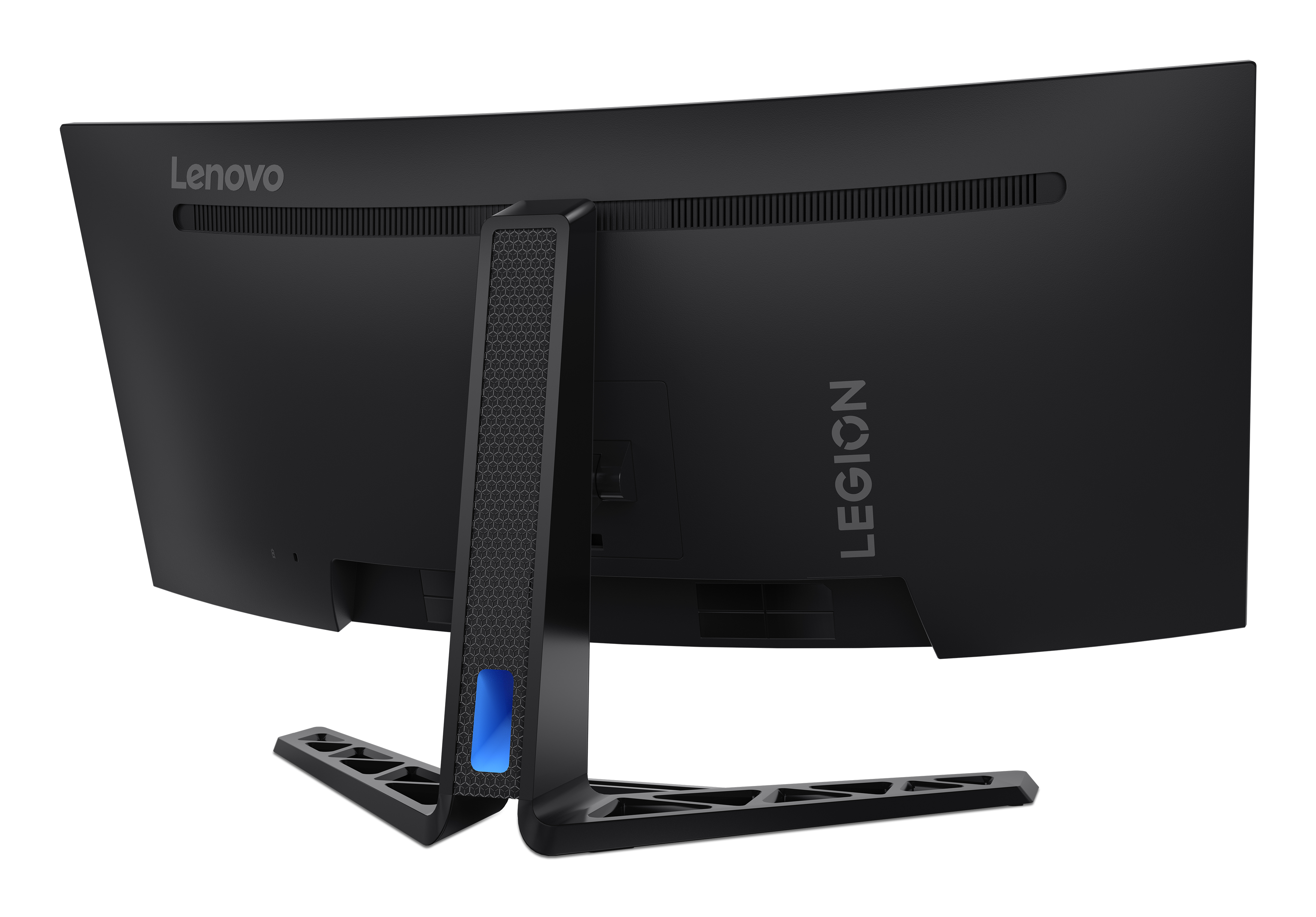 Retro di un monitor Lenovo Legion nero con schermo curvo e supporto illuminato blu.
