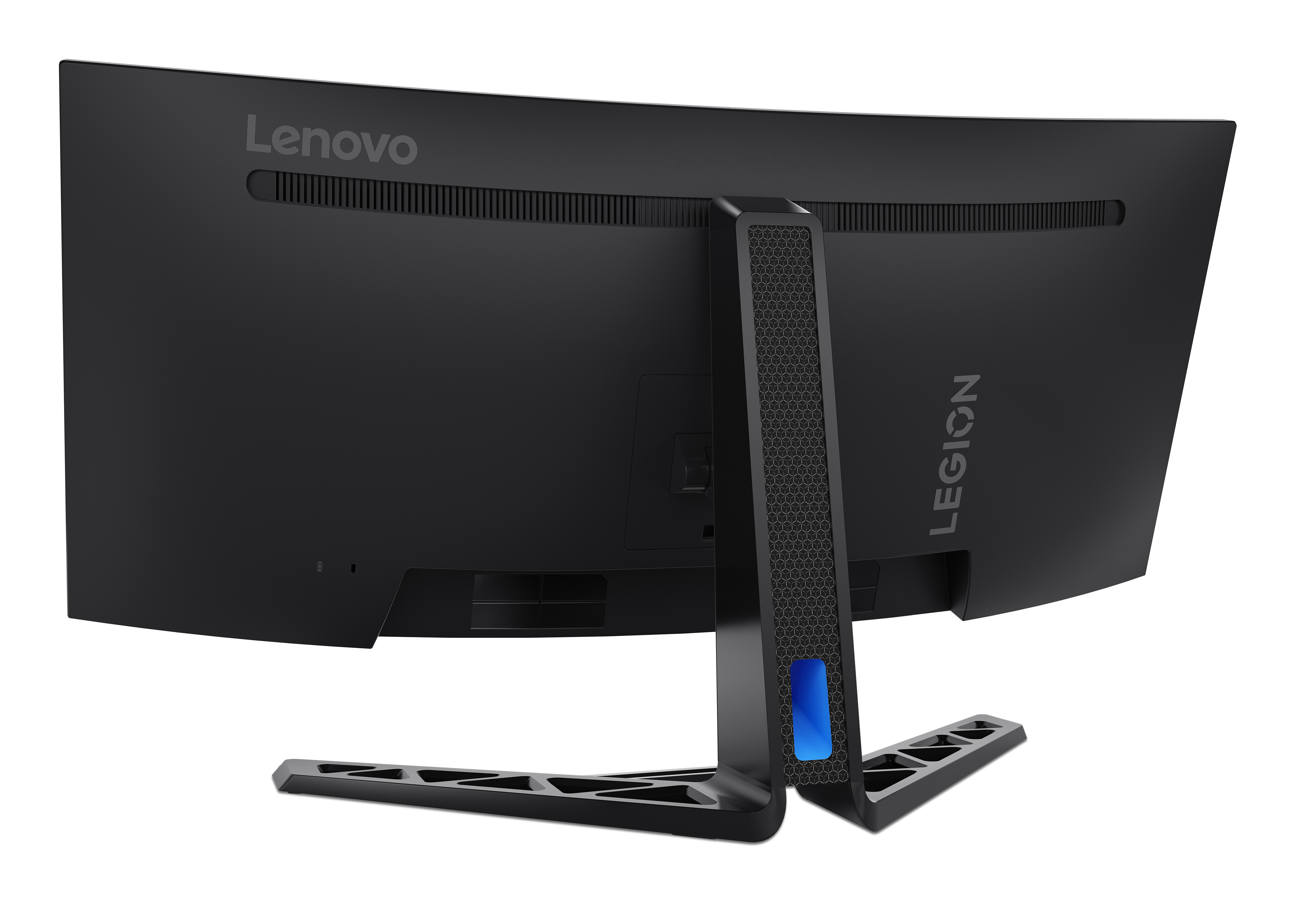 Retro di un monitor curvo nero Lenovo Legion con logo argentato.