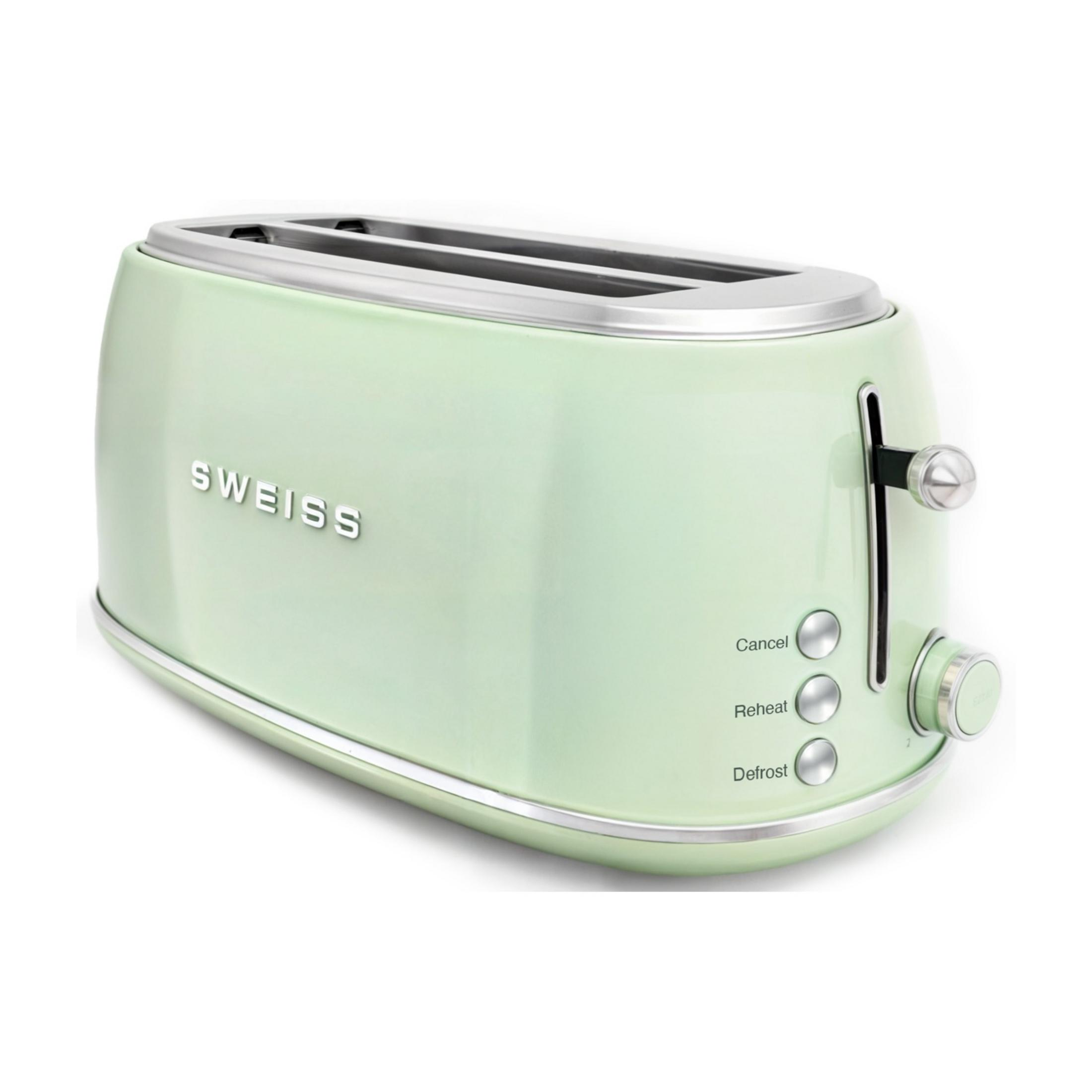 Ein hellgrüner Toaster mit zwei Schlitzen und silbernen Bedienelementen.