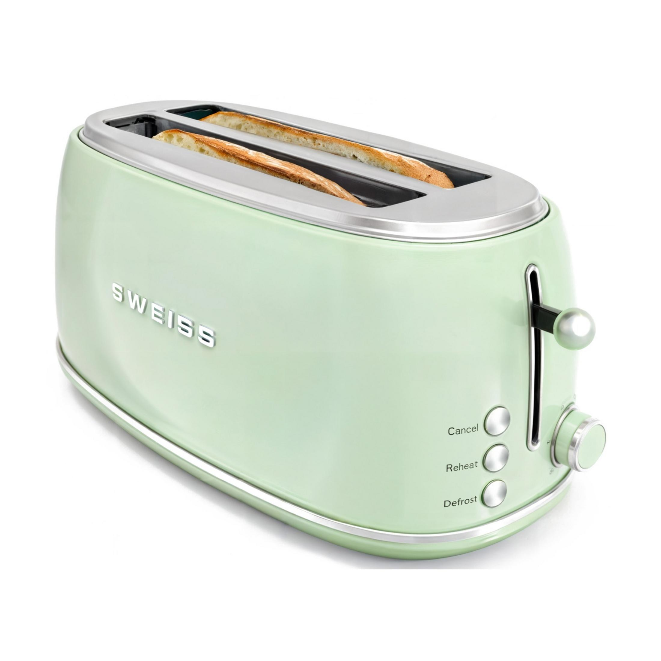 Ein hellgrüner Toaster mit zwei Toastscheiben, der Marke SWISS.