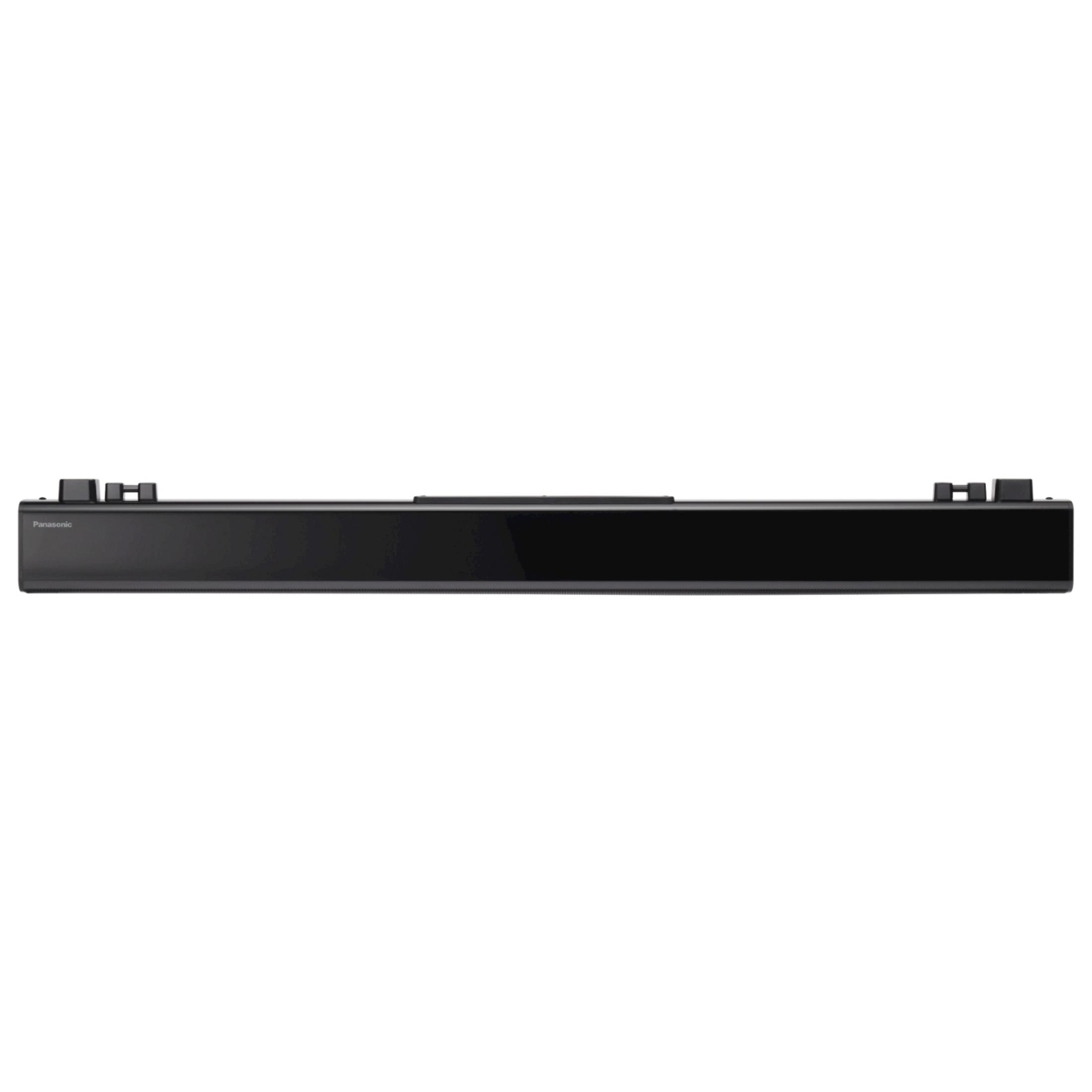 Czarny soundbar Panasonic z przyciskami na górze.