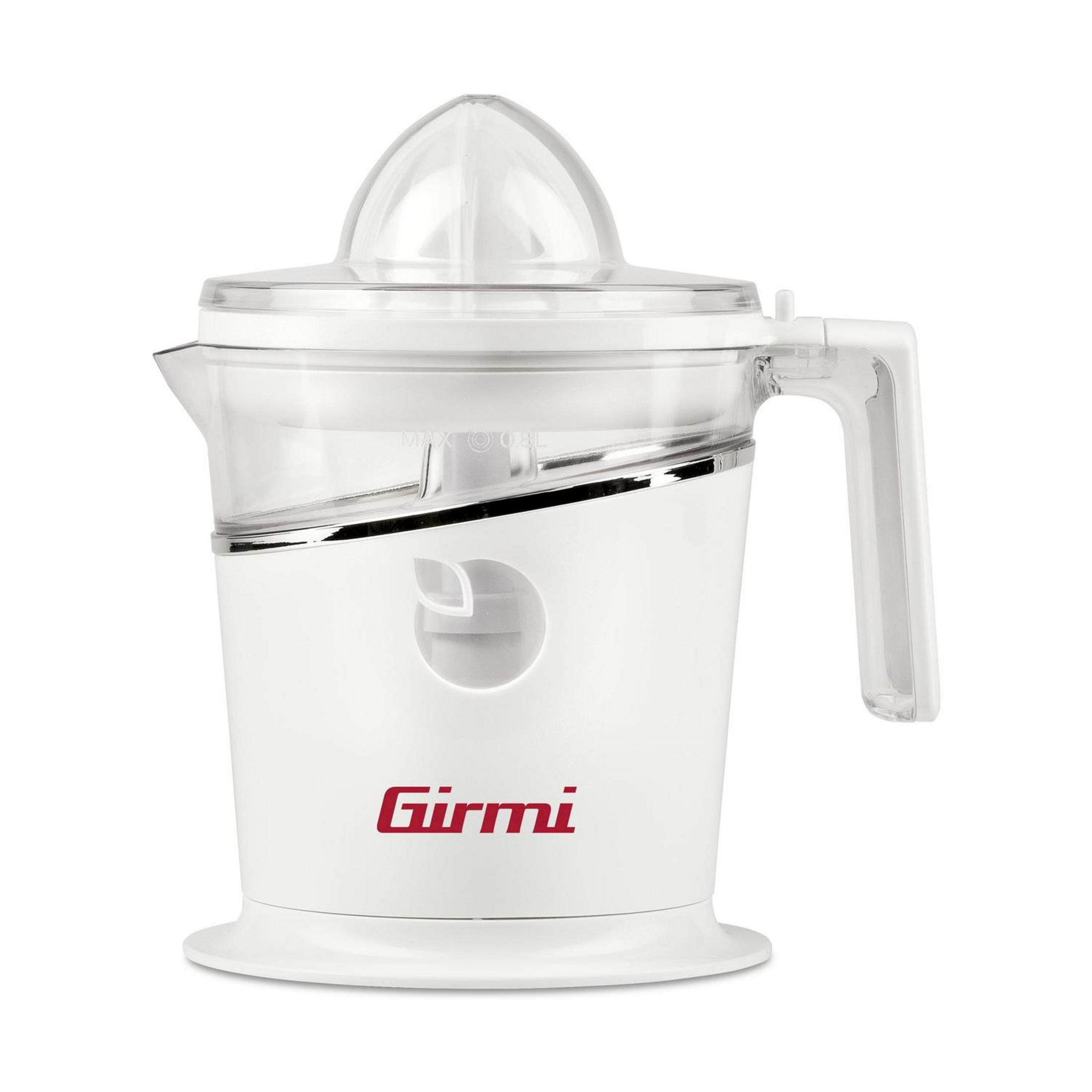 Un spremiagrumi elettrico bianco con coperchio e manico trasparenti.