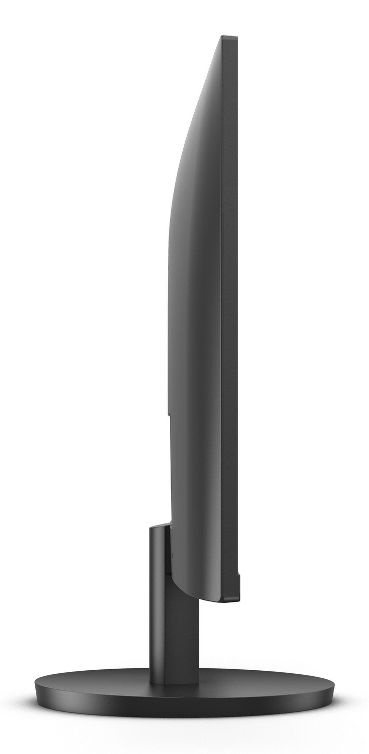 Czarny monitor komputerowy z boku na białym tle.