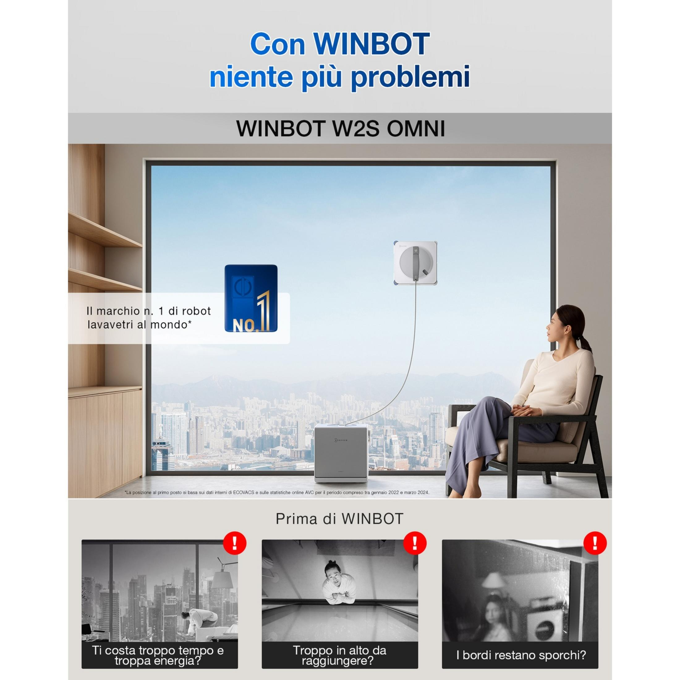 Robotyczny czyściciel okien znajduje się na oknie, podczas gdy kobieta siedzi.