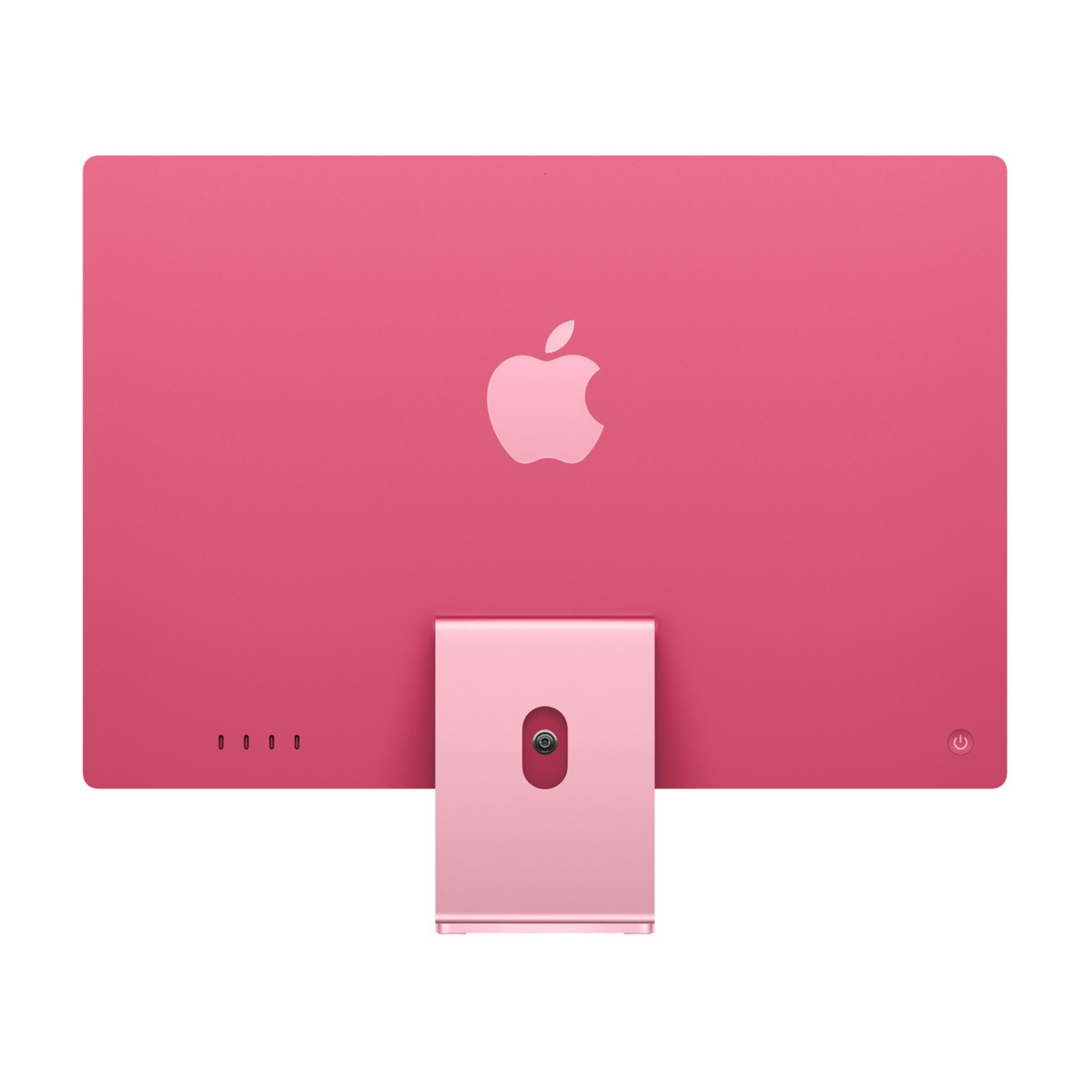 Retro di un iMac rosa con logo Apple e supporto.