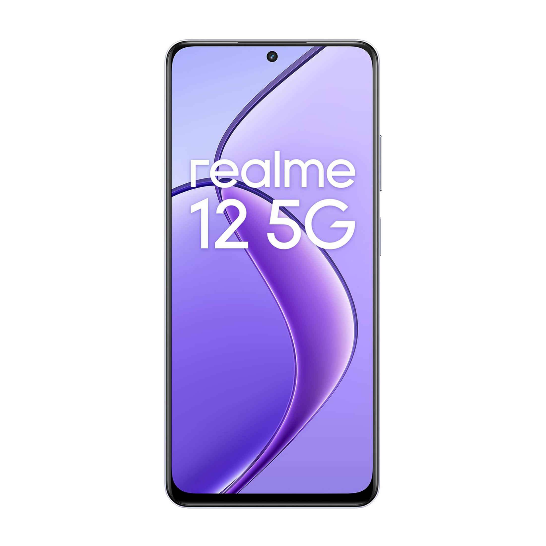 Un smartphone Realme 12 5G con fondo morado y diseño de ondas.