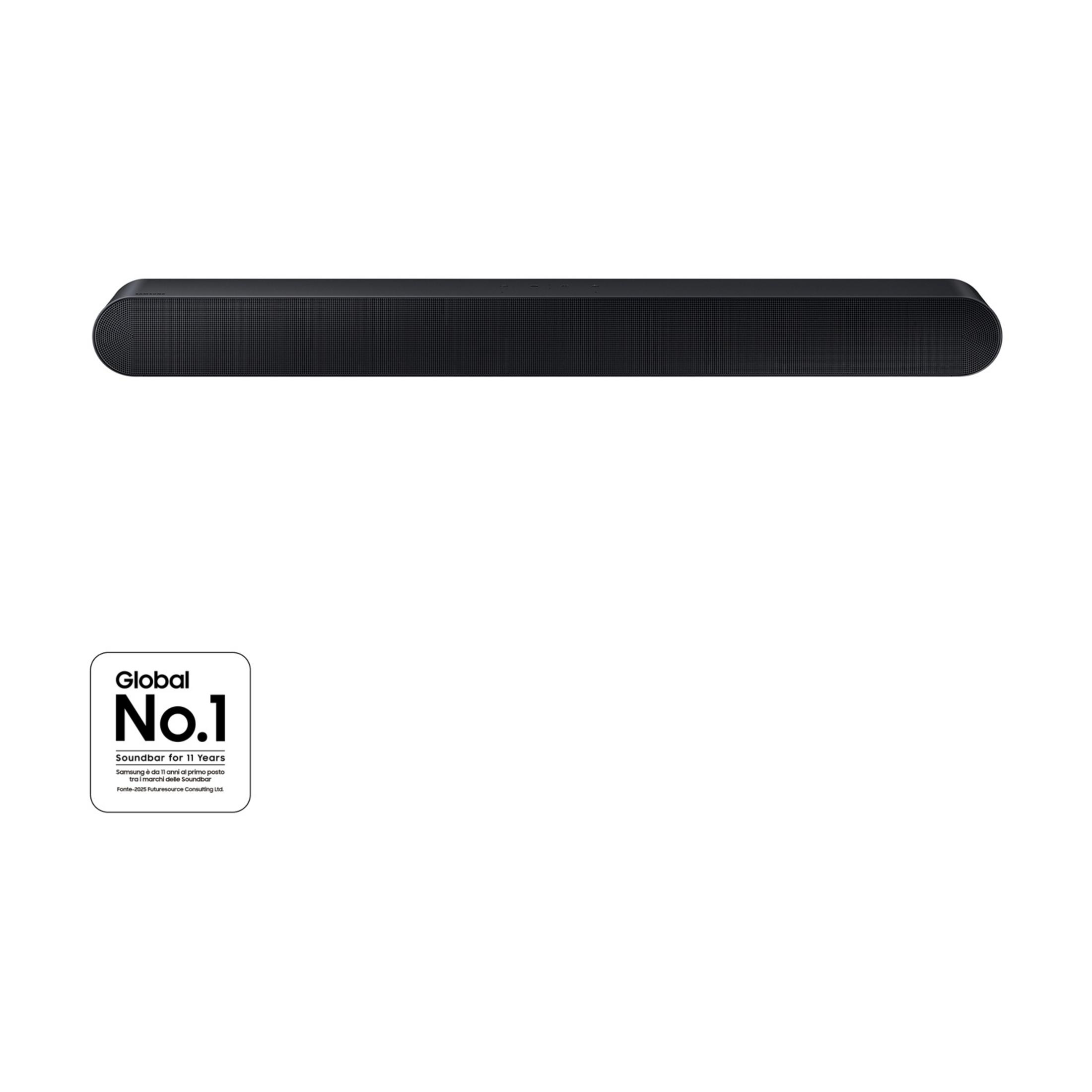 Barra de sonido negra con texto Global No.1 Soundbar for 11 Years.