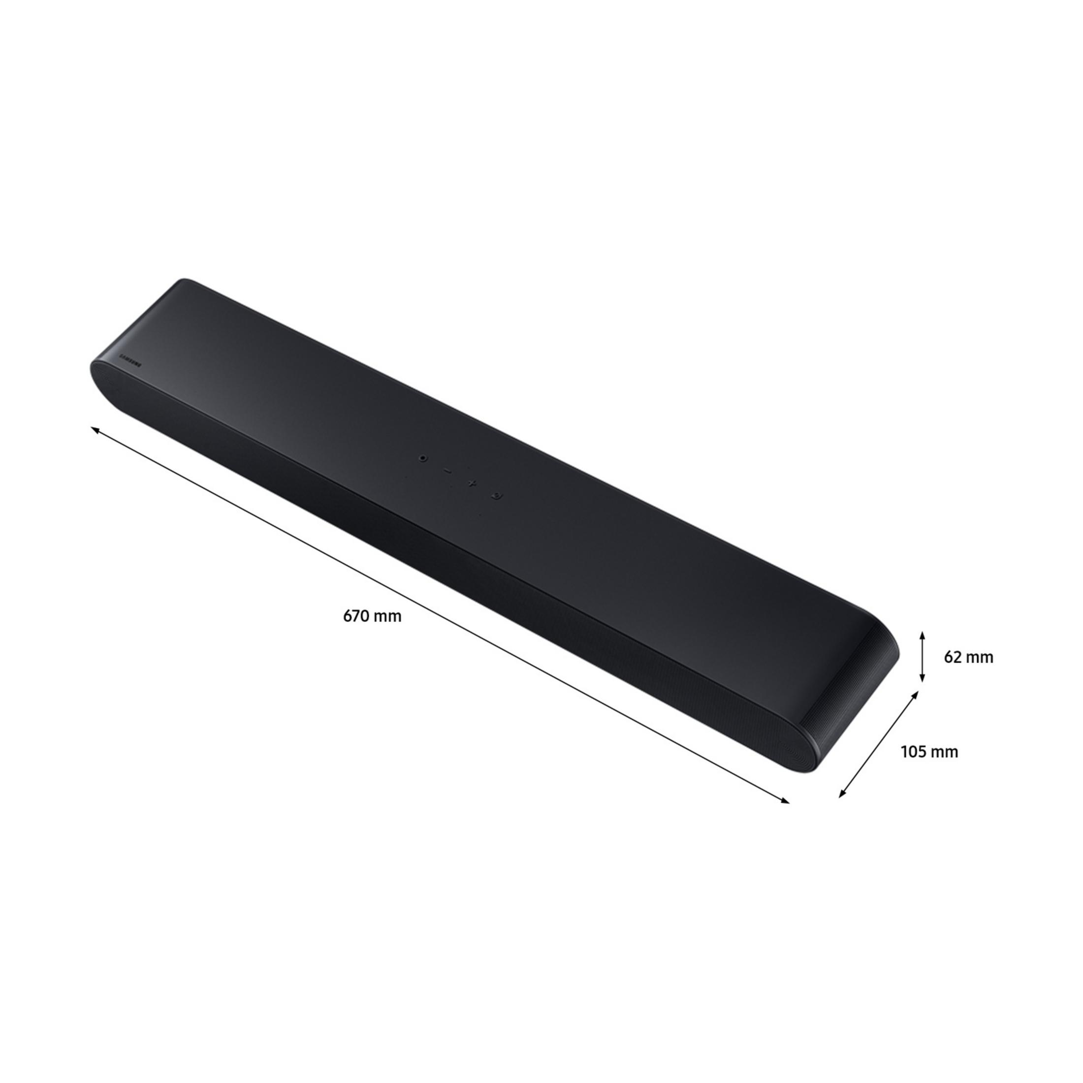 Barra de sonido negra de 670 mm de largo, 105 mm de ancho y 62 mm de alto.