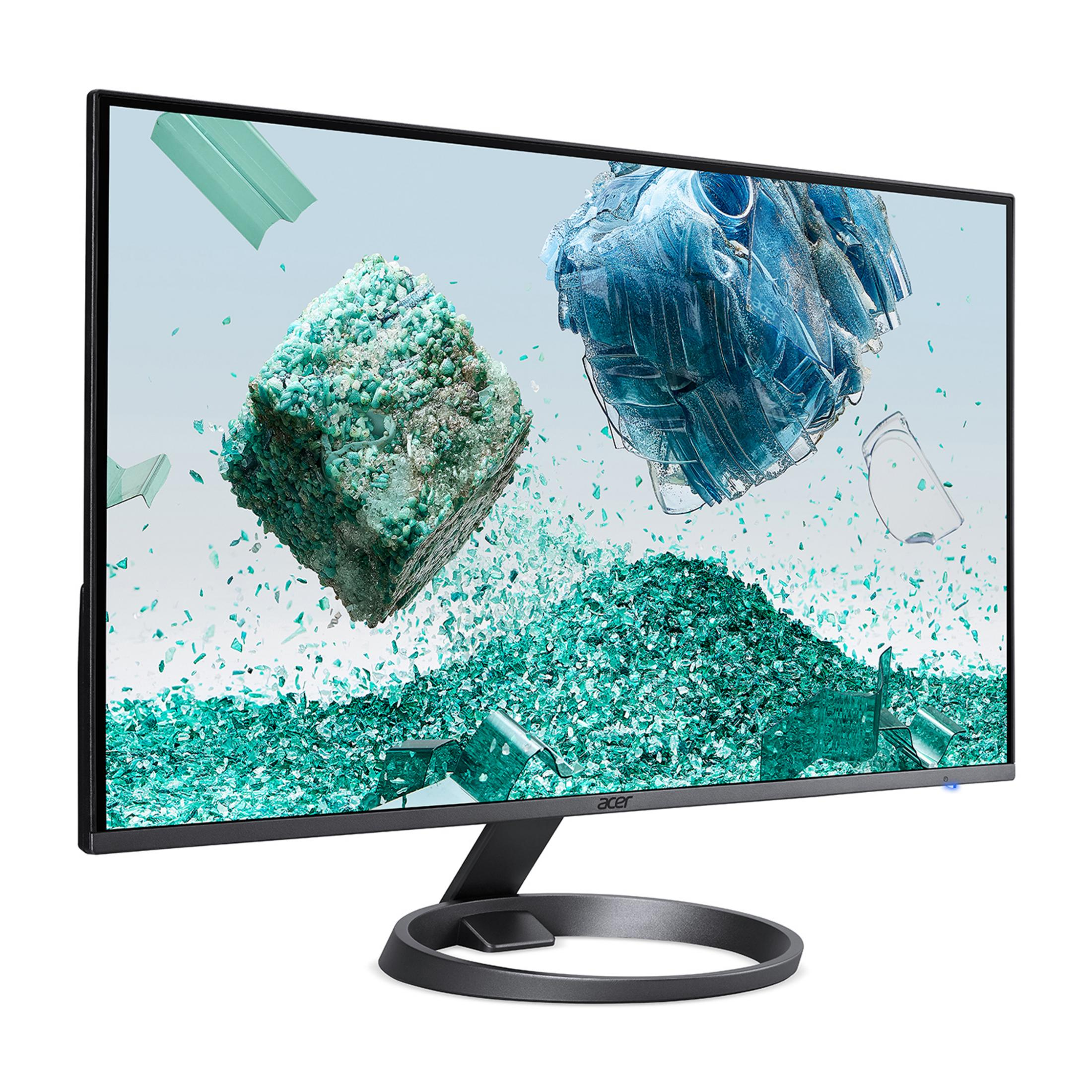 Monitor Acer wyświetla potłuczone niebieskie plastikowe butelki i zielone kryształy.