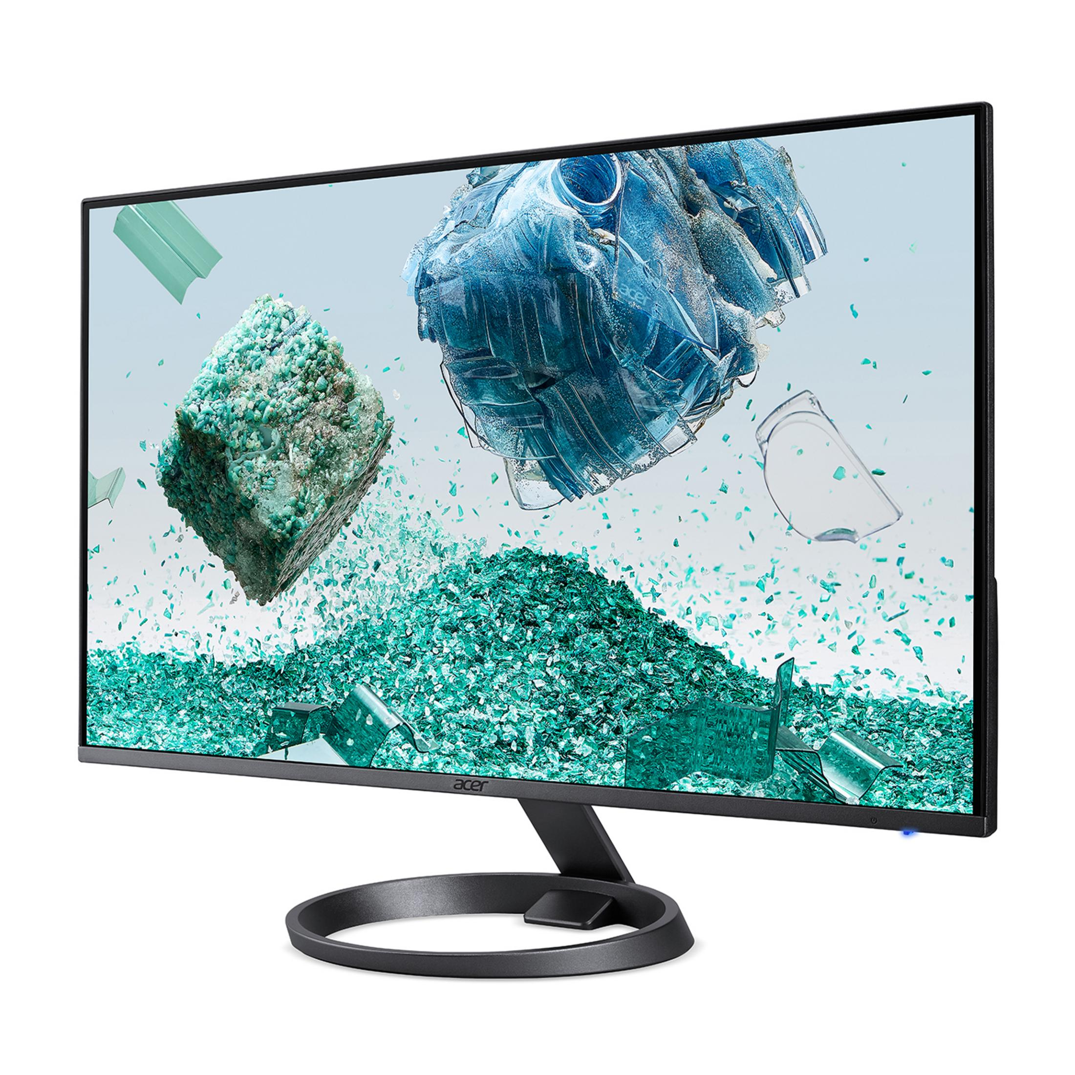 Monitor wyświetla potłuczone zielone szkło i niebieską plastikową butelkę.