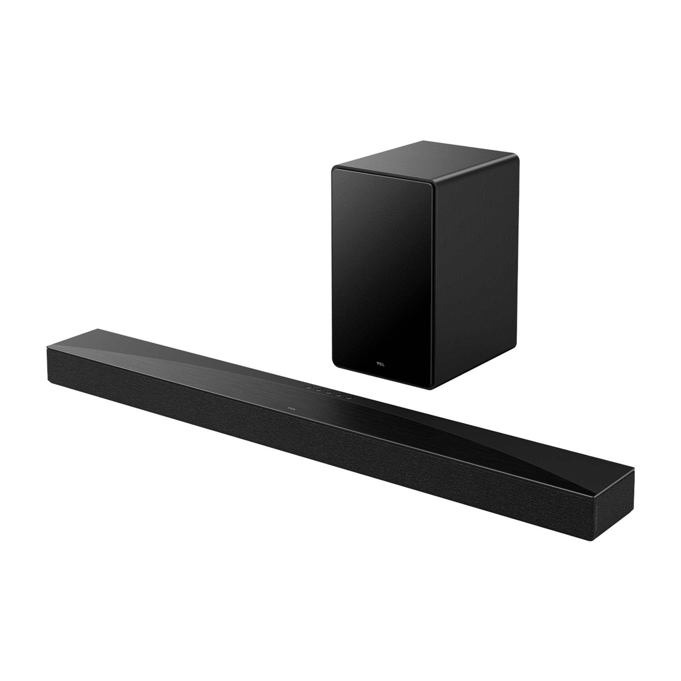 Czarna listwa dźwiękowa i subwoofer na białym tle.