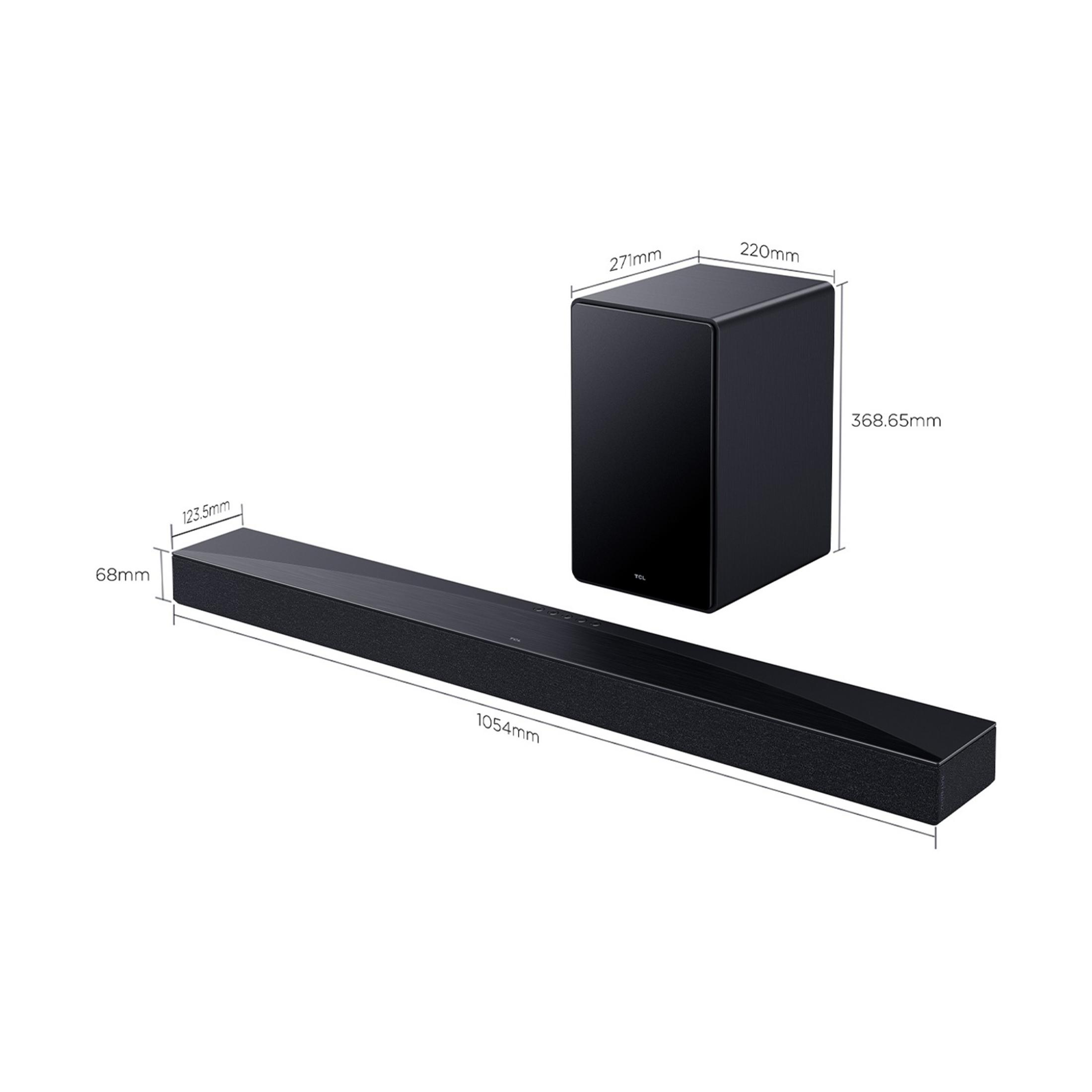 Czarny soundbar i subwoofer z wymiarami na białym tle.