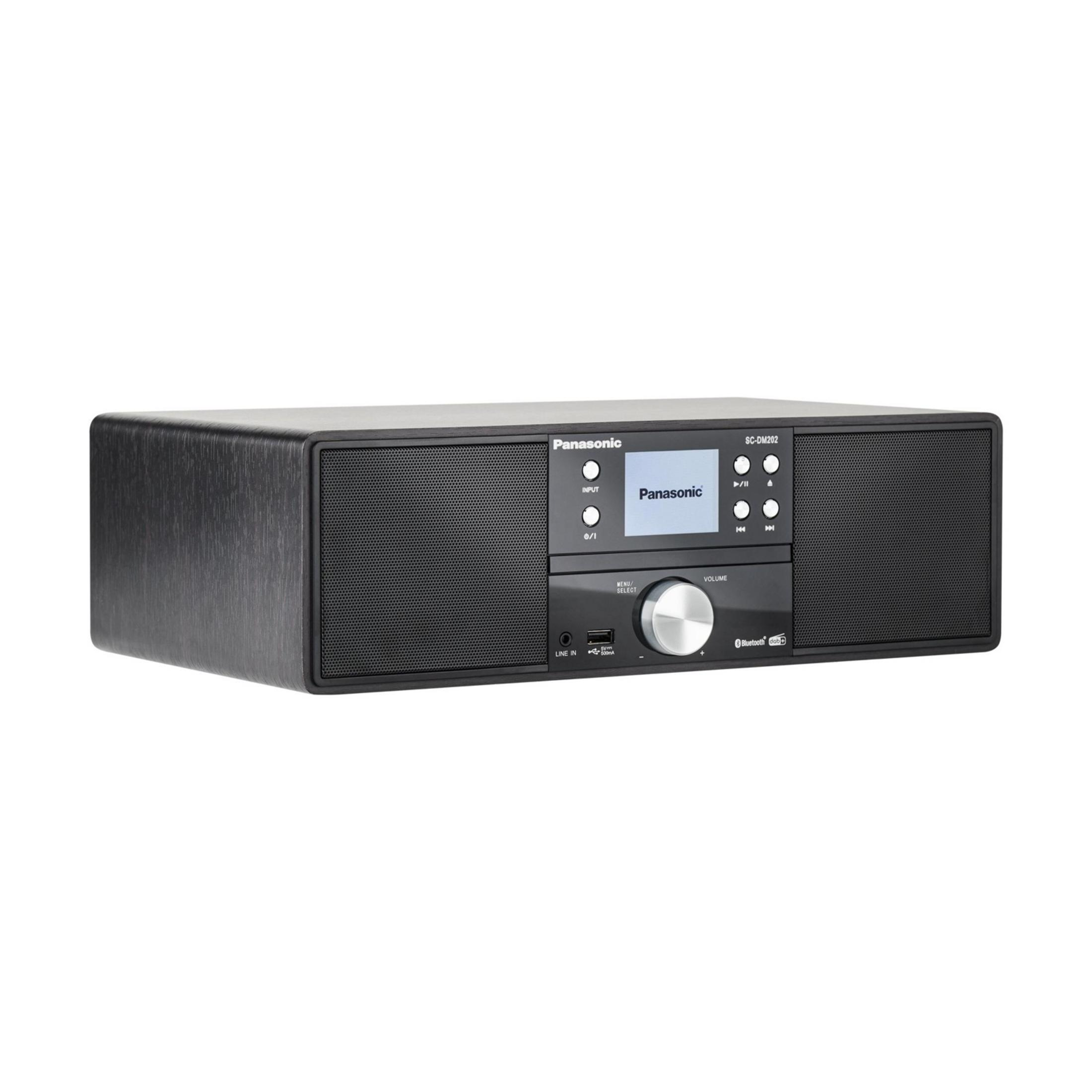 Ein schwarzer Panasonic SC-DM202 Radio mit Lautsprechern und Bedienfeld.