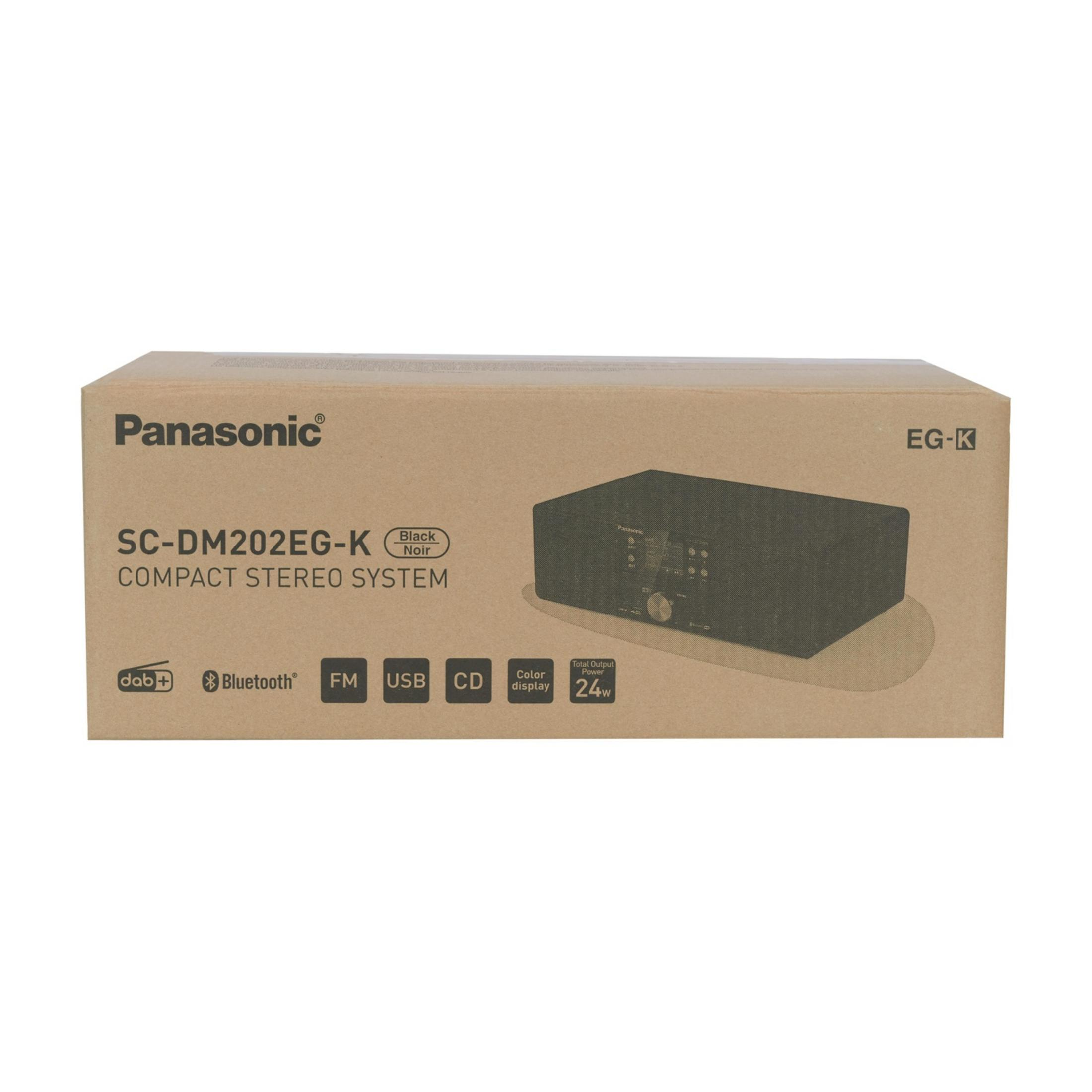 Panasonic Kompakt-Stereosystem SC-DM202EG-K, schwarz, mit DAB+, Bluetooth, FM, USB, CD.