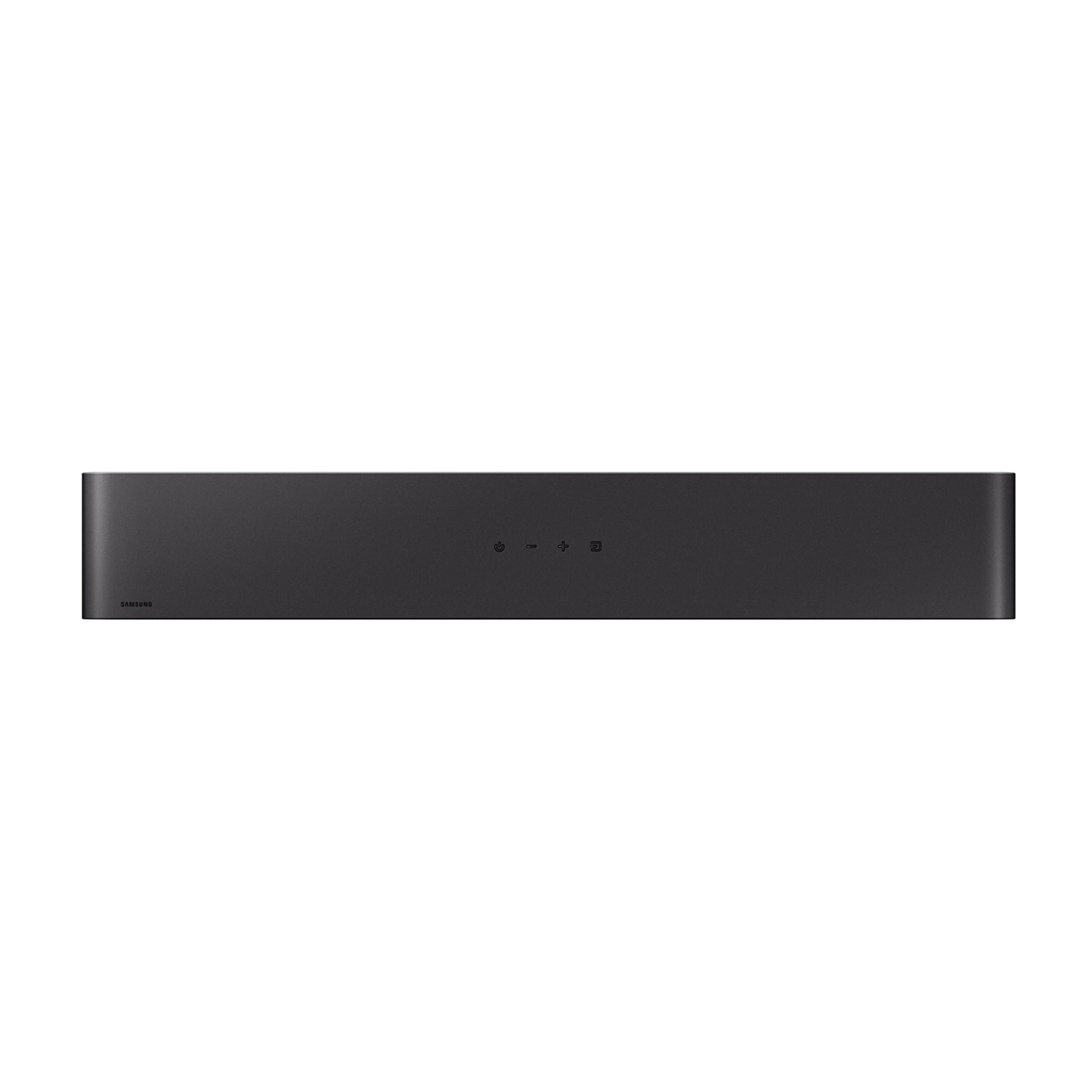 Ein schlanker, dunkler Soundbar mit Samsung-Logo und Bedienelementen.