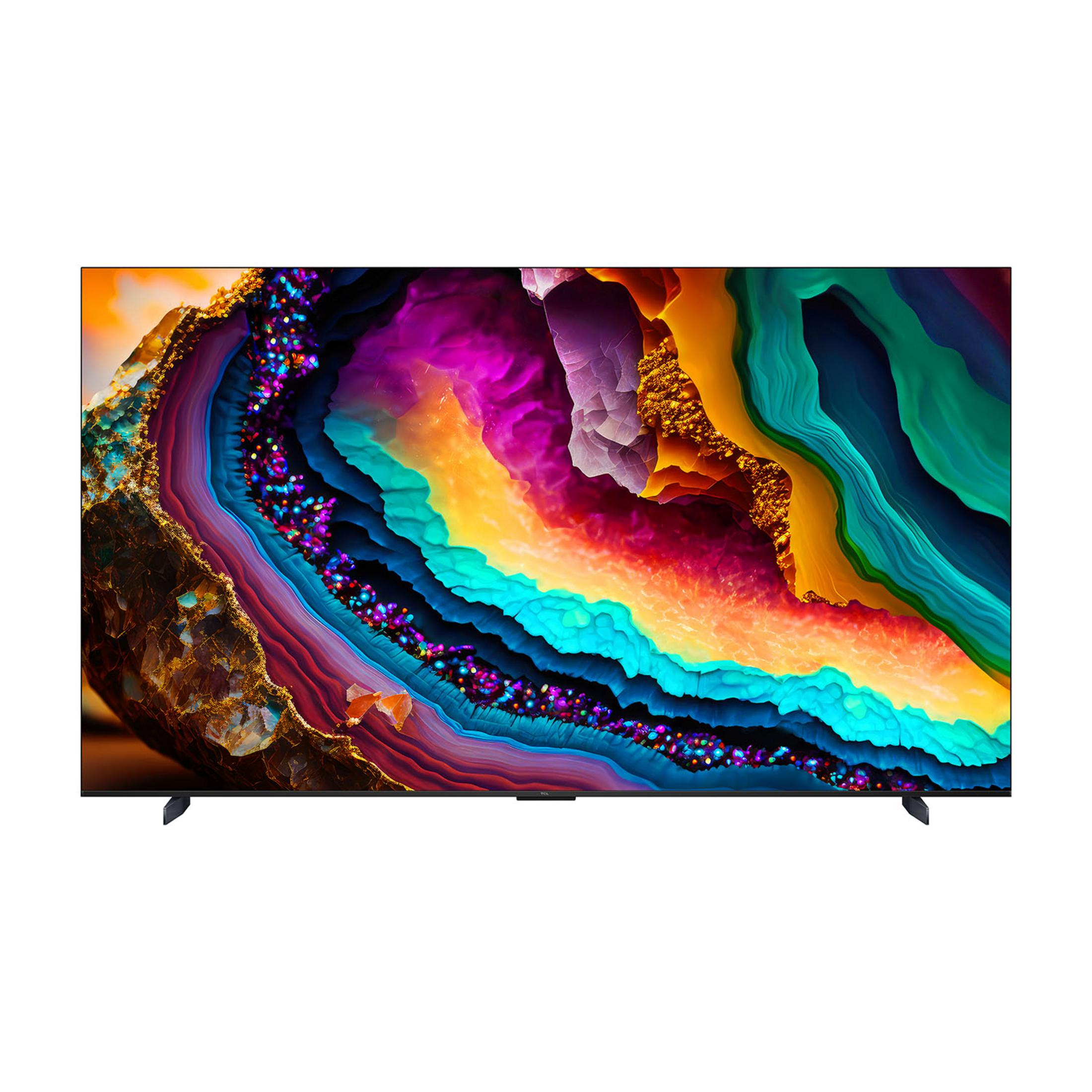 Un televisore moderno mostra un vibrante motivo simile a una geode in viola, arancione e blu.